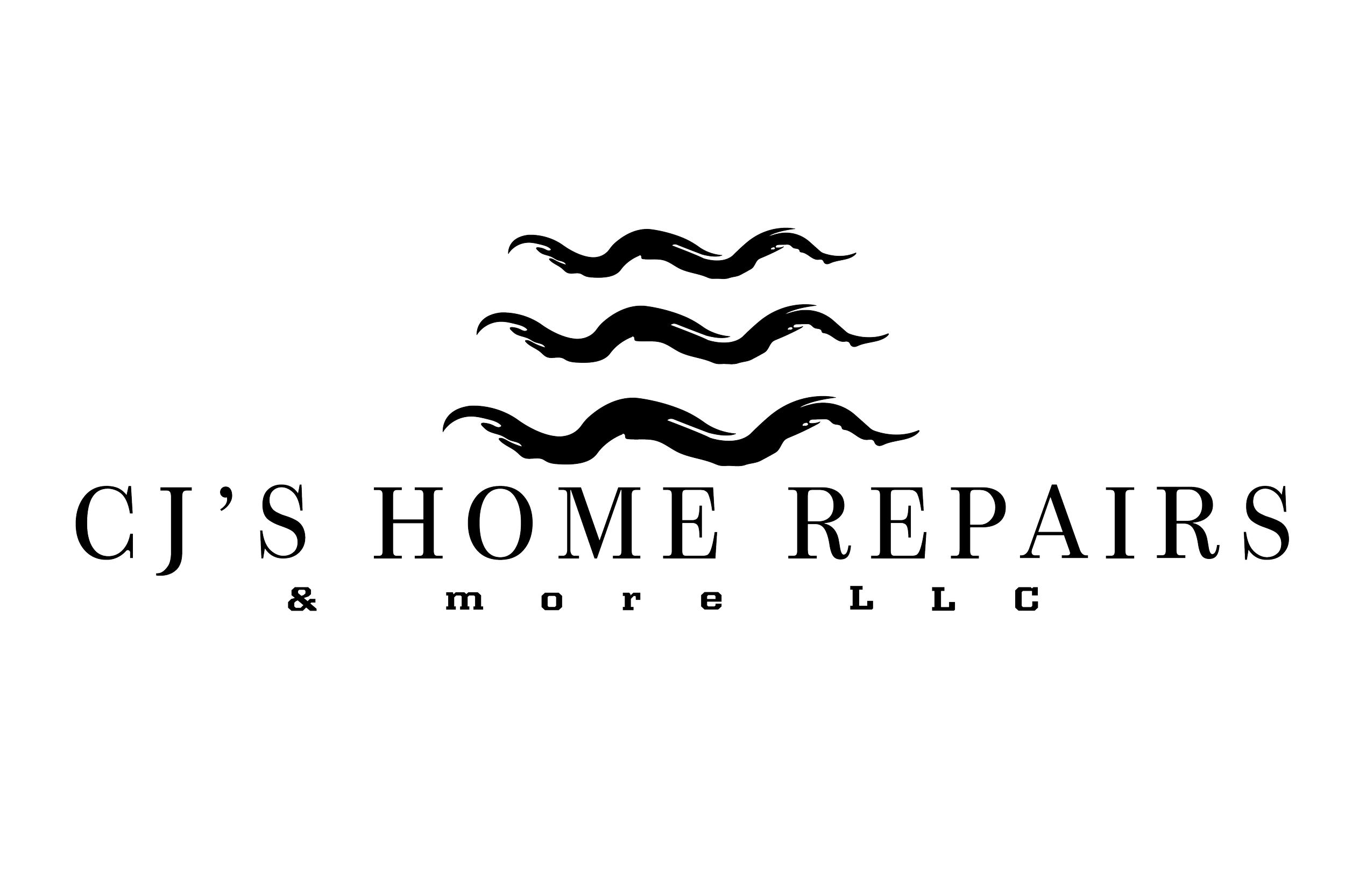 Logo for CJ's Home Repairs & More LLC featuring three white wavy lines above the company name on a black background.