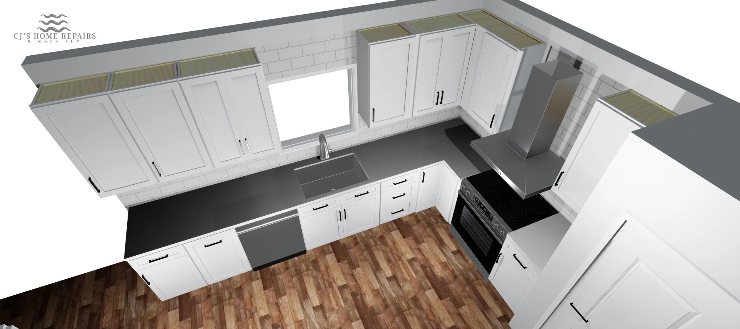Digital rendering of a modern kitchen with white cabinets, a black countertop, stainless steel appliances, and a hardwood floor.