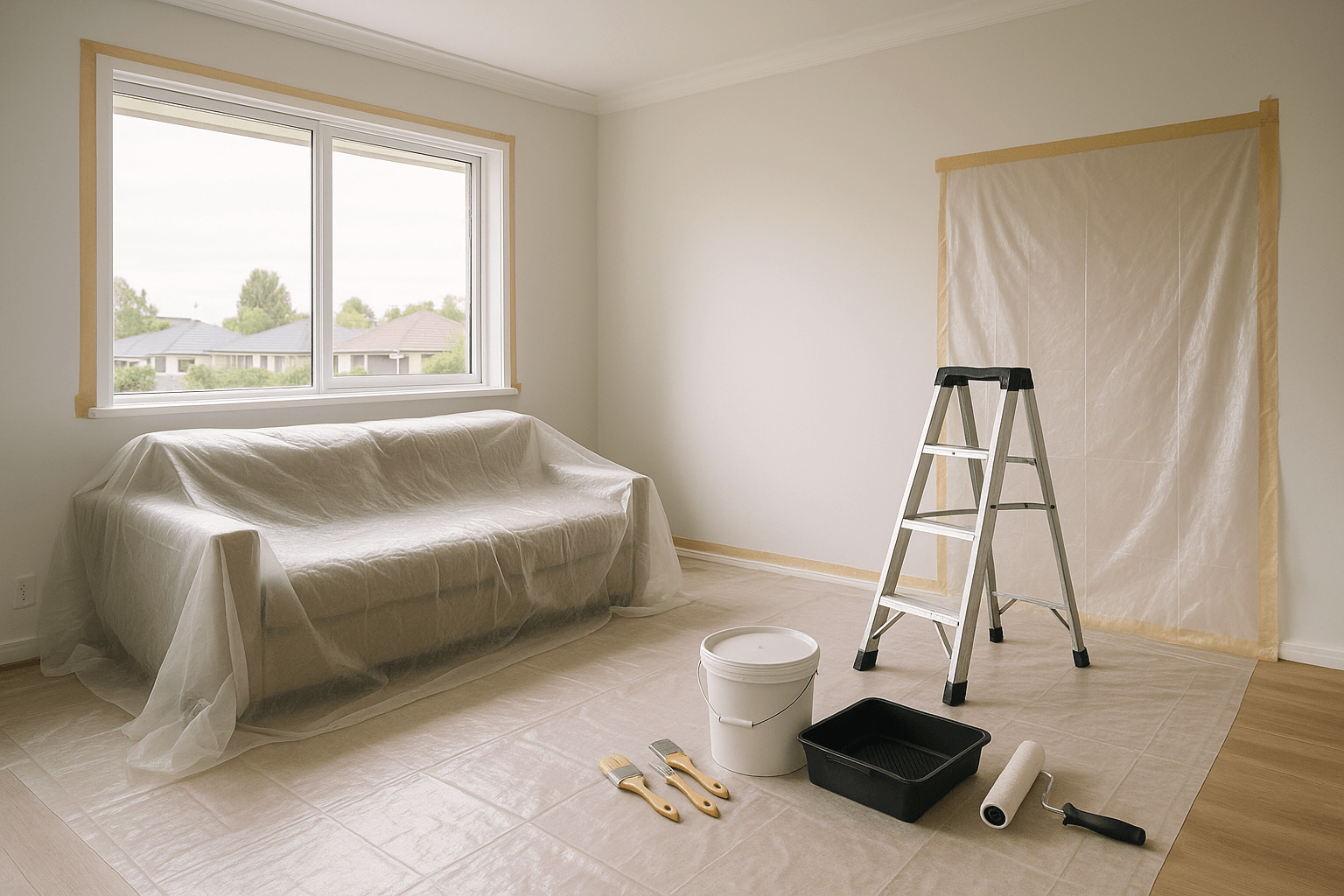 Living room under renovation with a covered sofa, ladder, painting supplies, and a plastic sheet taped on the wall for painting.