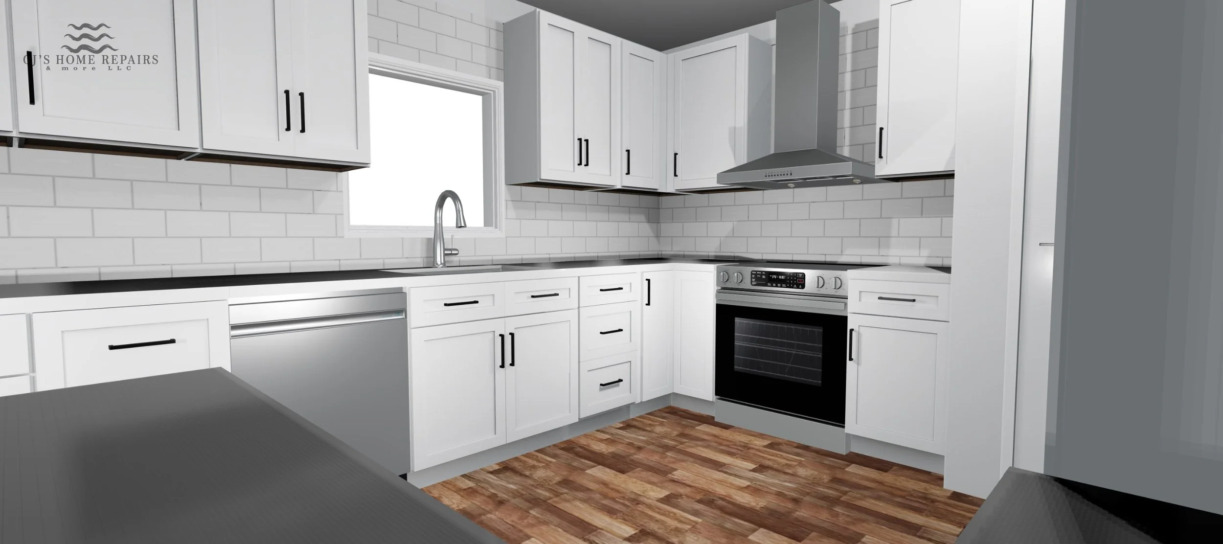Modern kitchen with white cabinets, stainless steel appliances, black handles, a window above the sink, and wood flooring.