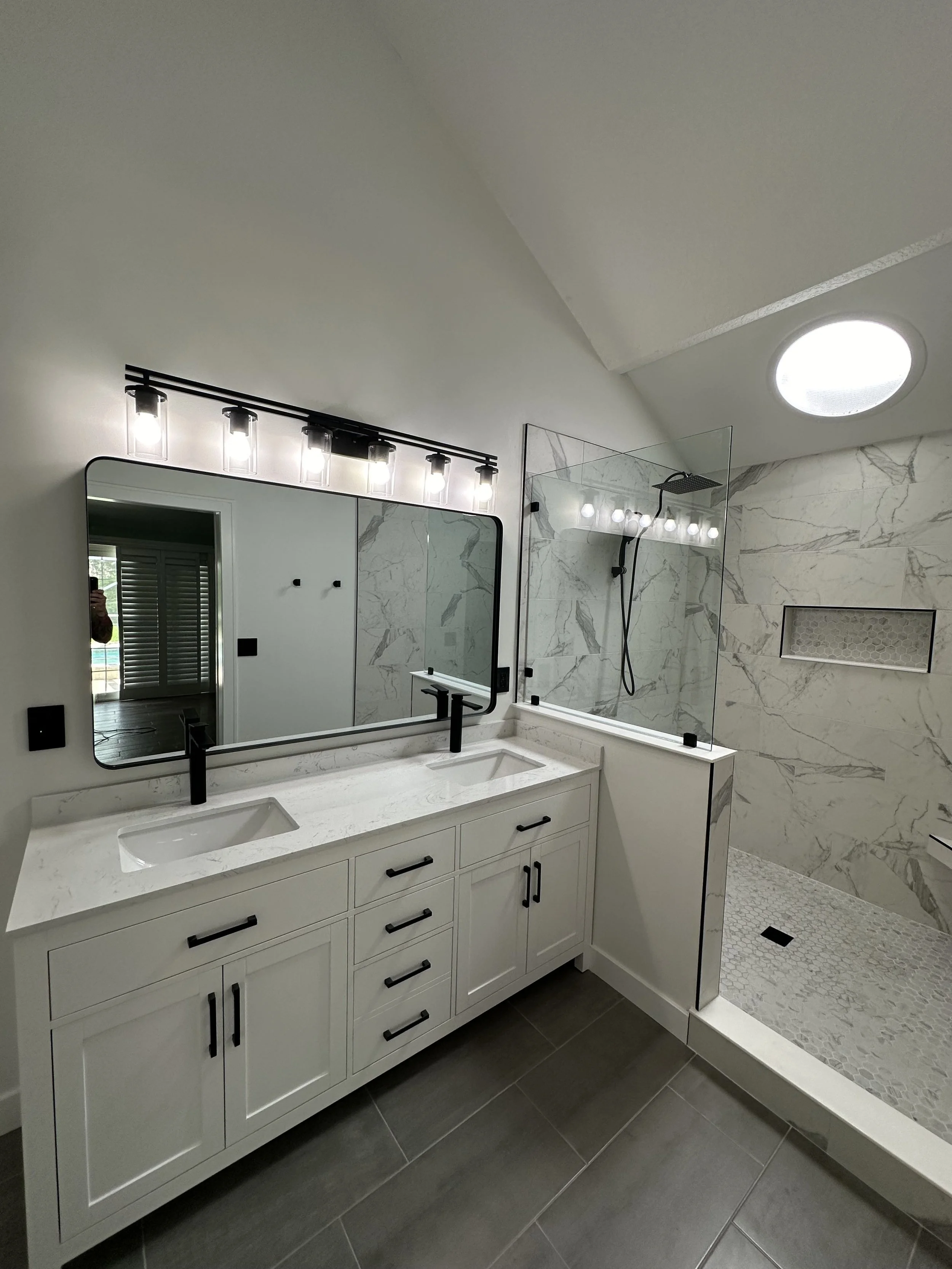 New Modern Bathroom Remodel with tile, shower, glass, vanity
