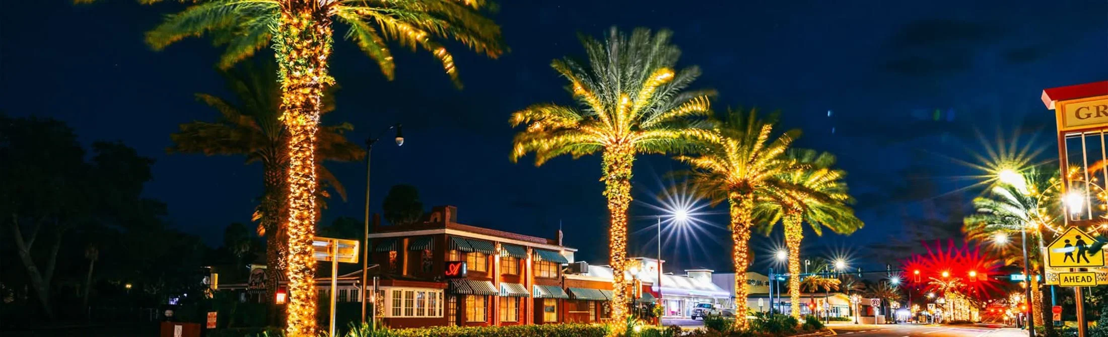 Nighttime view of a street with tall palm trees wrapped in string lights, storefronts with awnings, streetlights, and traffic signs.