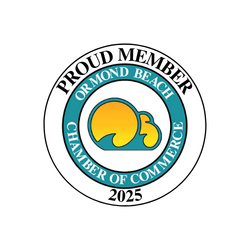 Proud member badge of the Ormond Beach Chamber of Commerce, featuring a yellow stylized elephant logo, with the year 2025.