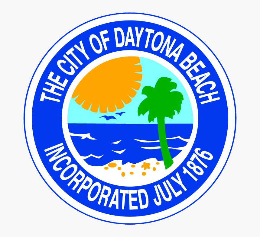Seal of the City of Daytona Beach featuring a sun, a palm tree, seagulls, ocean waves, and sandy beach, with text indicating the city was incorporated July 1875.