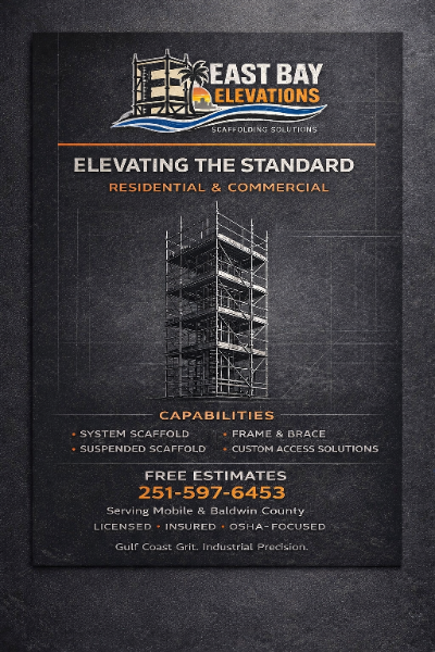 A flyer for East Bay Elevations, a scaffolding company. It features a logo with a scaffolding structure, palm tree, and sunset. The flyer highlights services for residential and commercial building scaffolding, including system and suspended scaffolds, frame and brace, and custom access solutions. It provides a phone number for free estimates and states they serve Mobile and Baldwin County, offering licensed, insured, OSHA-focused services with industrial precision.