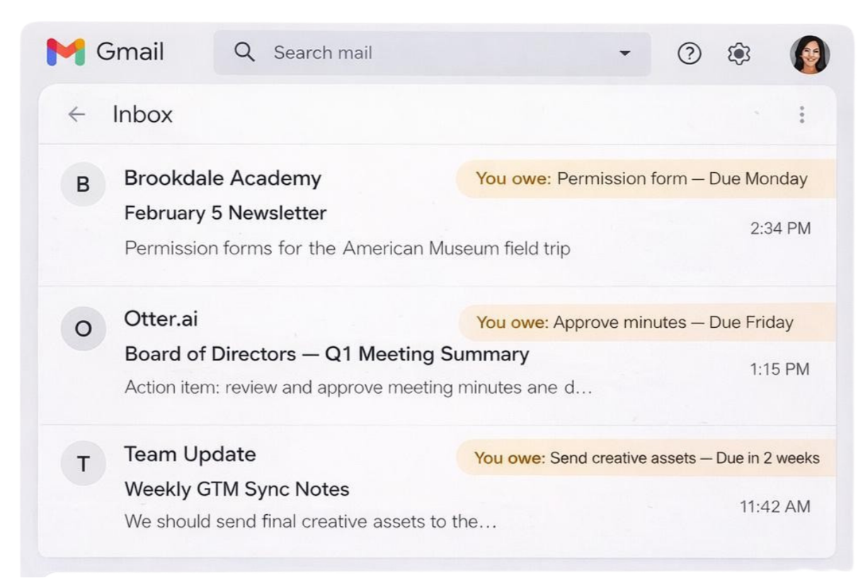 Screenshot of a Gmail inbox displaying three emails from Brookdale Academy, Otter.ai, and Team Update, with reminders about pending tasks and deadlines.