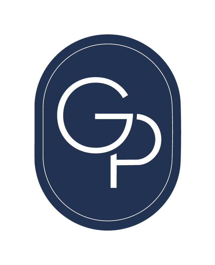 A navy blue oval shape with white outlines and stylized white letters 'G' and 'P' interconnected, representing a logo.