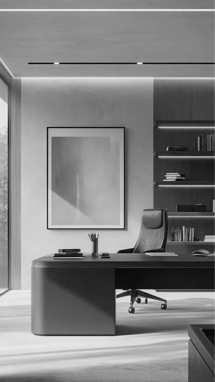 Modern office with a large desk, leather chair, built-in bookshelf, and a framed abstract art piece on the wall in black-and-white.