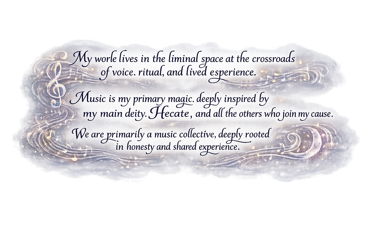 A quote about music on a cloud-like background with musical notes and a treble clef, emphasizing the importance of voice, ritual, and shared experience in music.