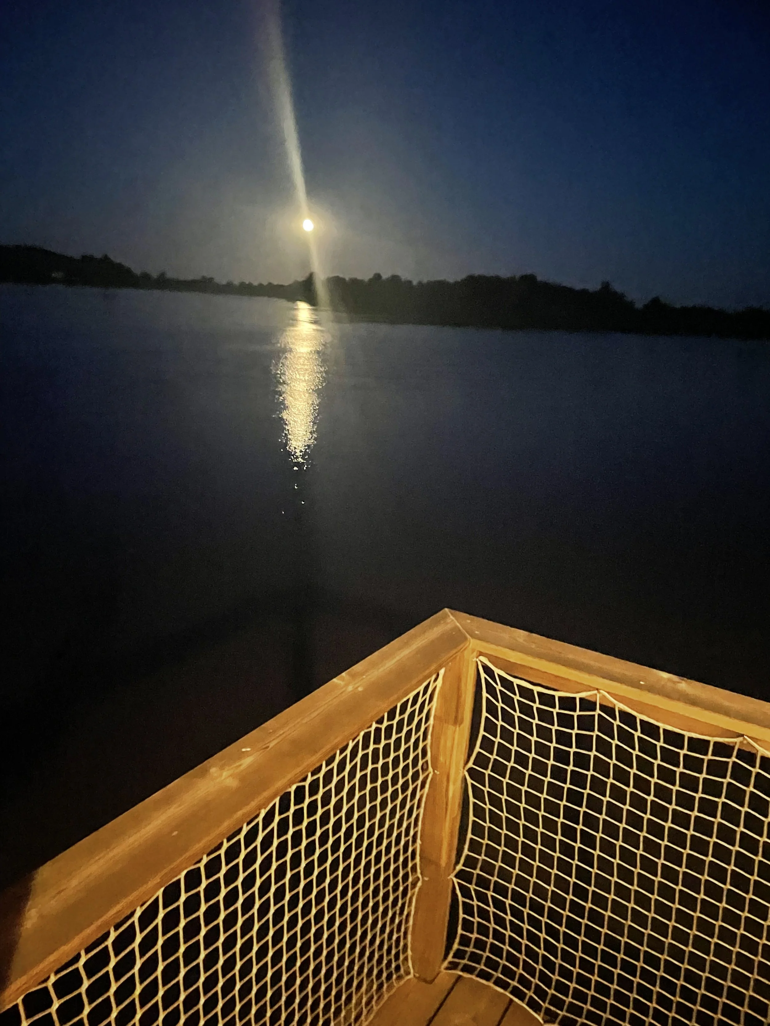 Vue depuis un bateau en bois avec une barrière en filet, vue sur un lac avec la pleine lune dans un ciel nocturne clair.