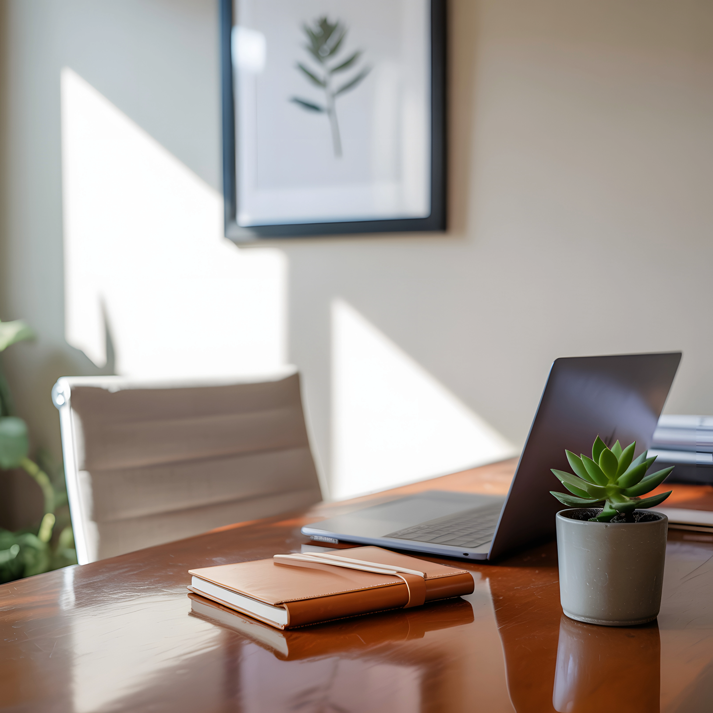 Home office desk with a laptop, a small potted succulent, a closed notebook, and a stack of papers, with sunlight shining through a window and a framed leaf print on the wall