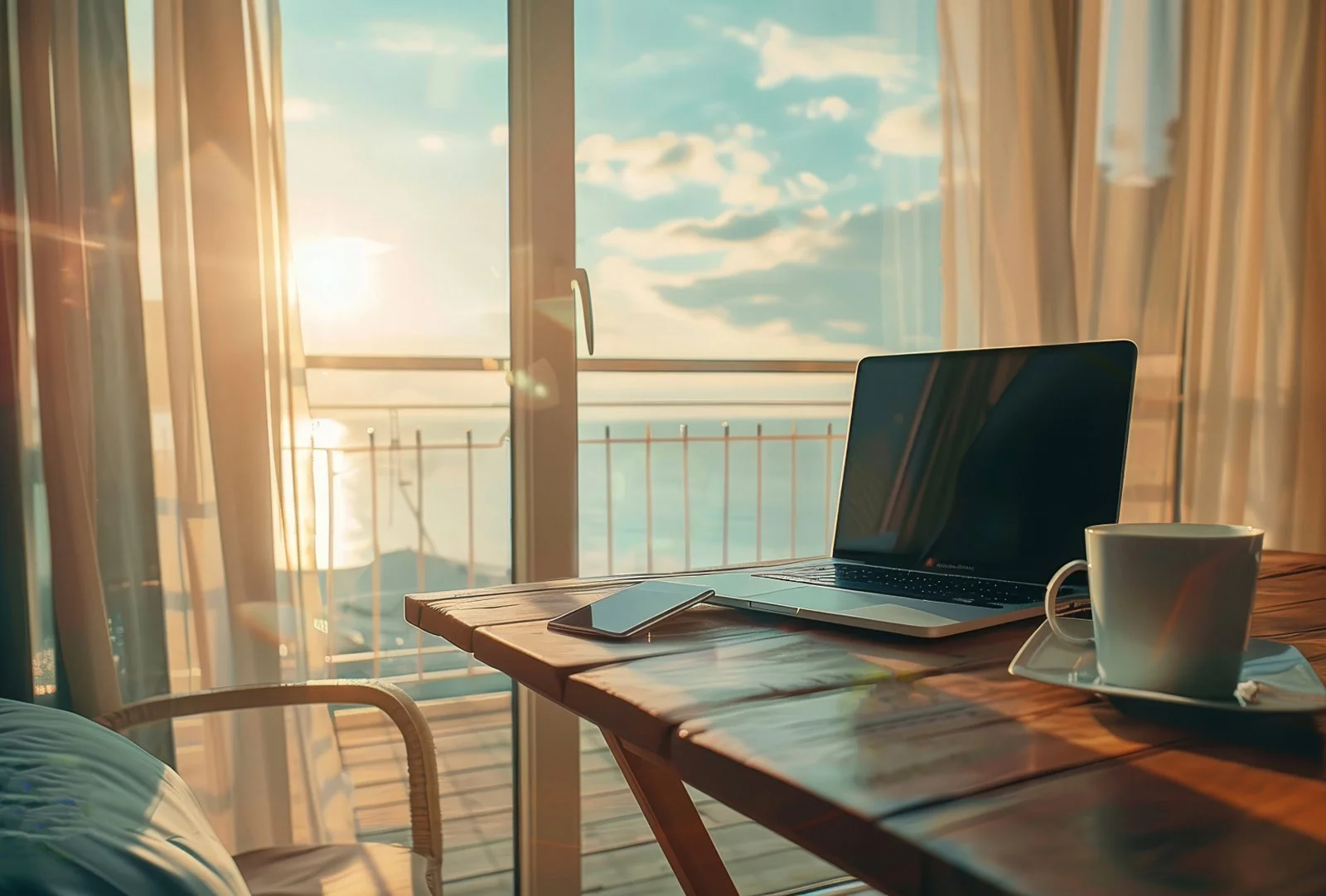 A laptop and a mug of tea on a wooden table by an open window looking out to the sea