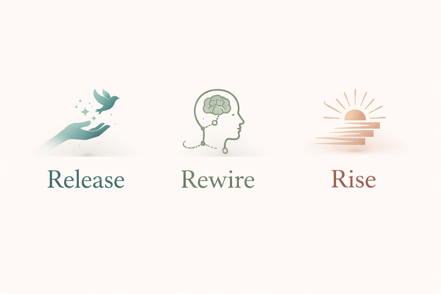 Illustration of three steps: releasing a bird from a hand with sparkles, a person with a brain with circuits, and a sunset over water with stairs. Text labels: Release, Rewire, Rise.