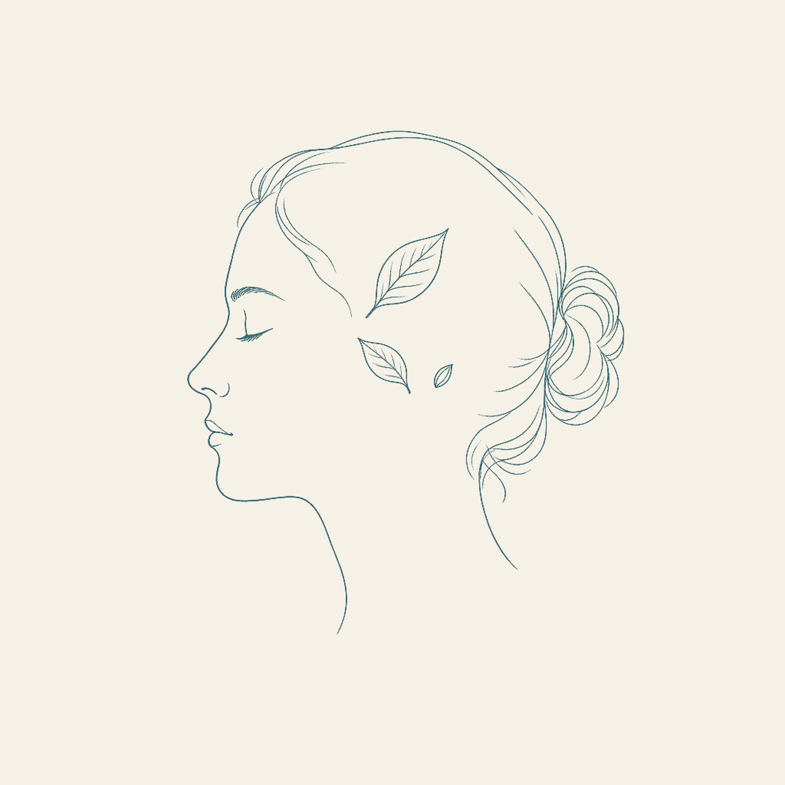 Line drawing of a person's head in profile with a few quiet leaves inside, in soft teal on cream