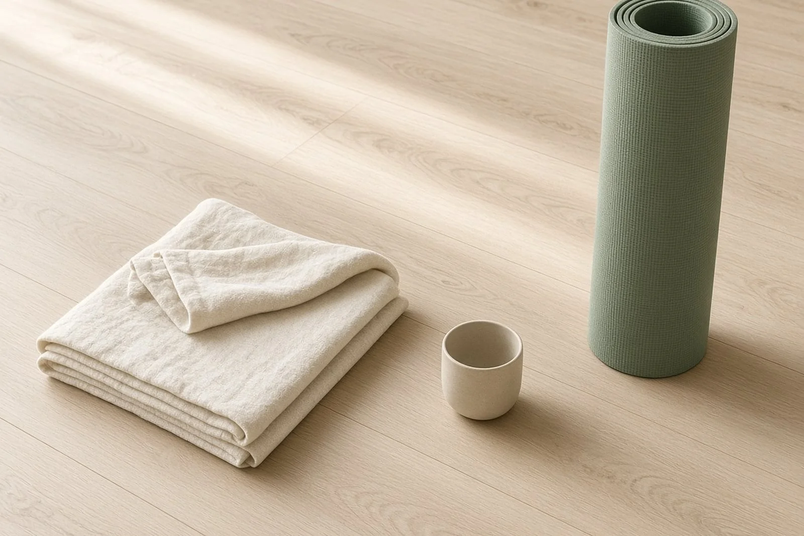A rolled sage yoga mat, a folded linen blanket and a ceramic cup on a pale wood floor