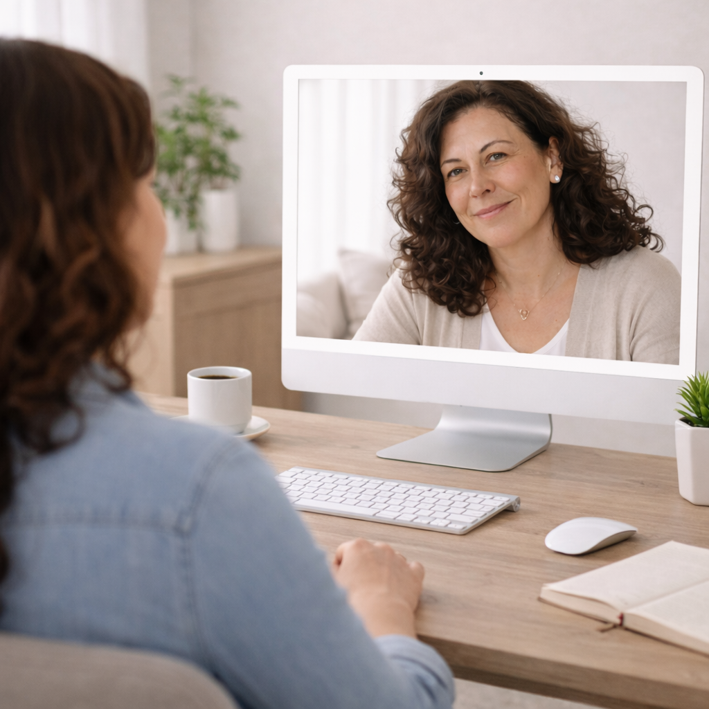 Woman on a video call with a woman on a computer screen, sitting at a desk with a coffee cup, open notebook, and plant in the background.