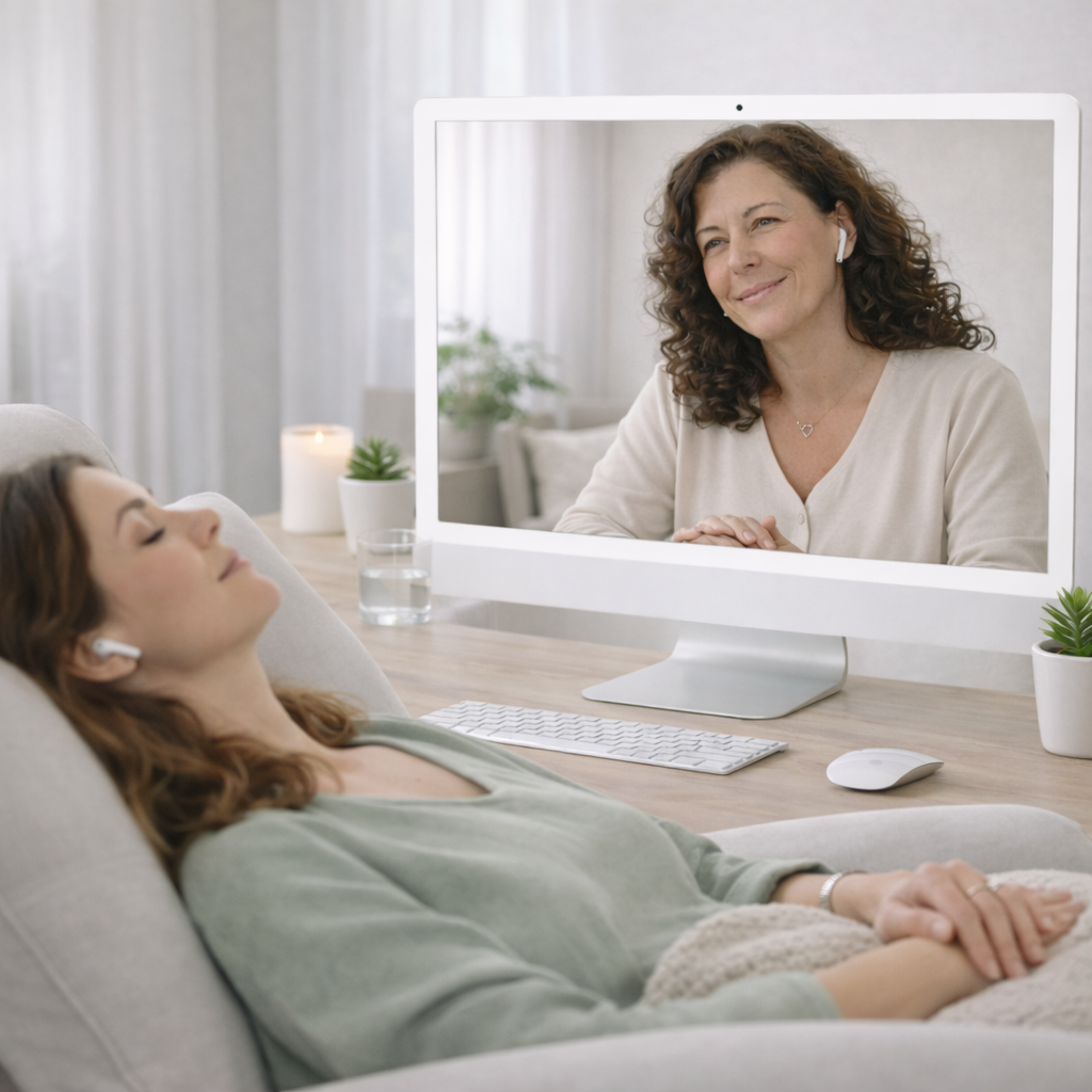 A woman lying on a couch wearing wireless earbuds with her eyes closed, while on a video call with another woman on a computer monitor. The setup is in a bright, cozy room with a candle, plants, and soft lighting.