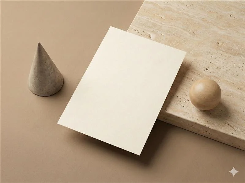 Minimalist arrangement of geometric objects: a gray cone, a blank white card, a beige sphere, on a beige and marble surface.