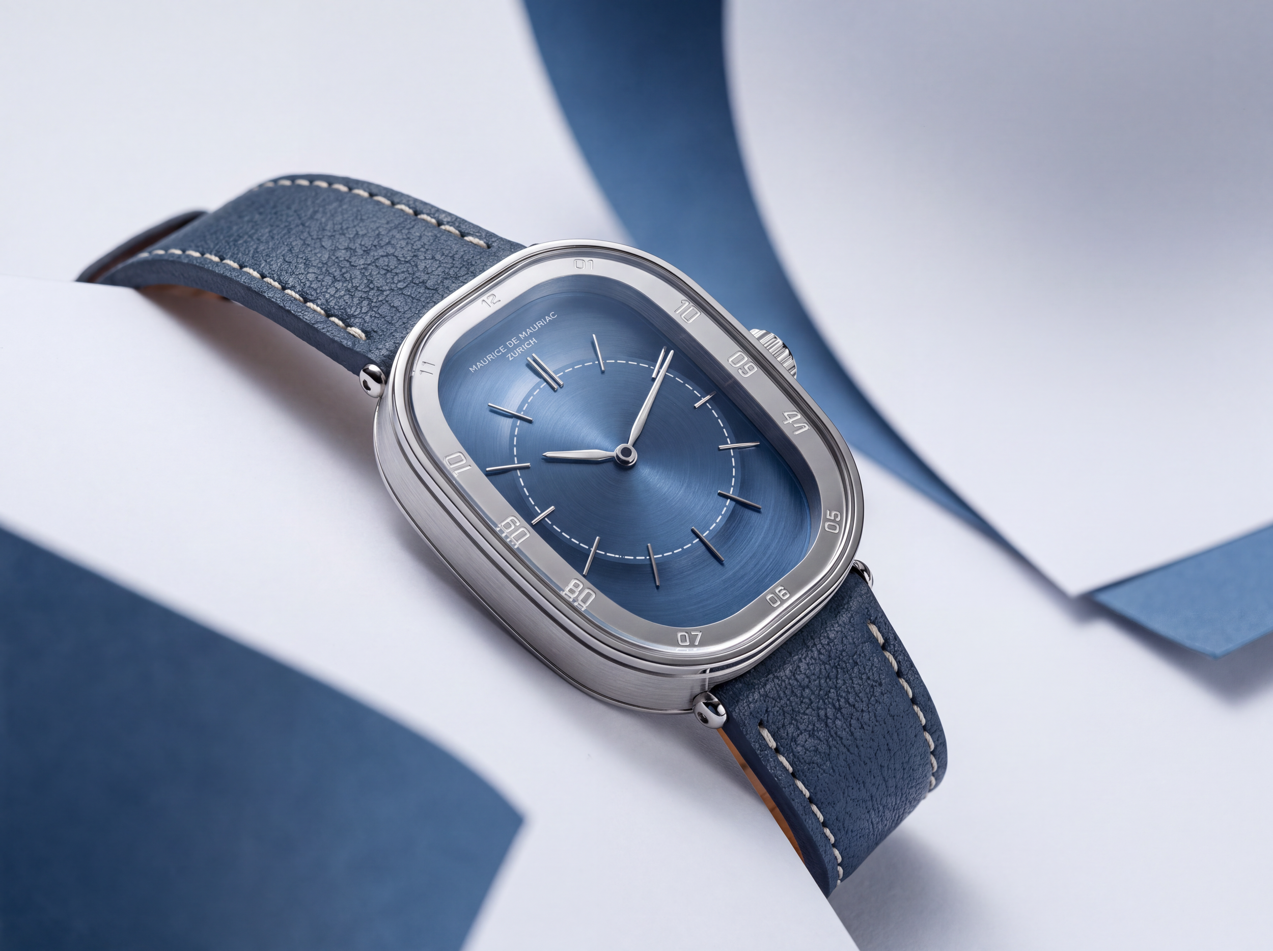 Overhead view of the Letzigrund watch concept by Manfredi Calamai, with a blue dial and stitched blue strap