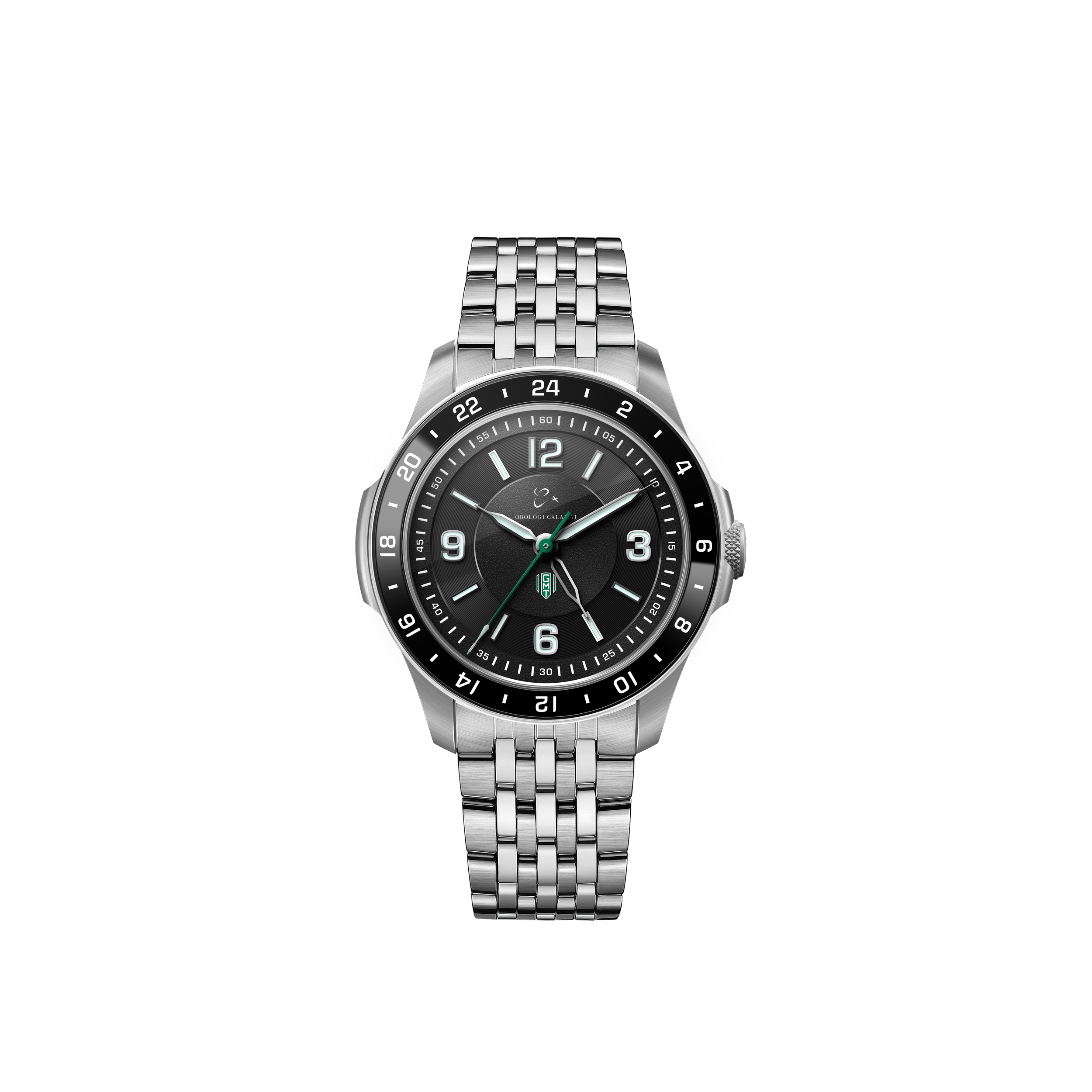 A silver wristwatch with a black dial and multiple time zone indicators, set against a black and gray background.