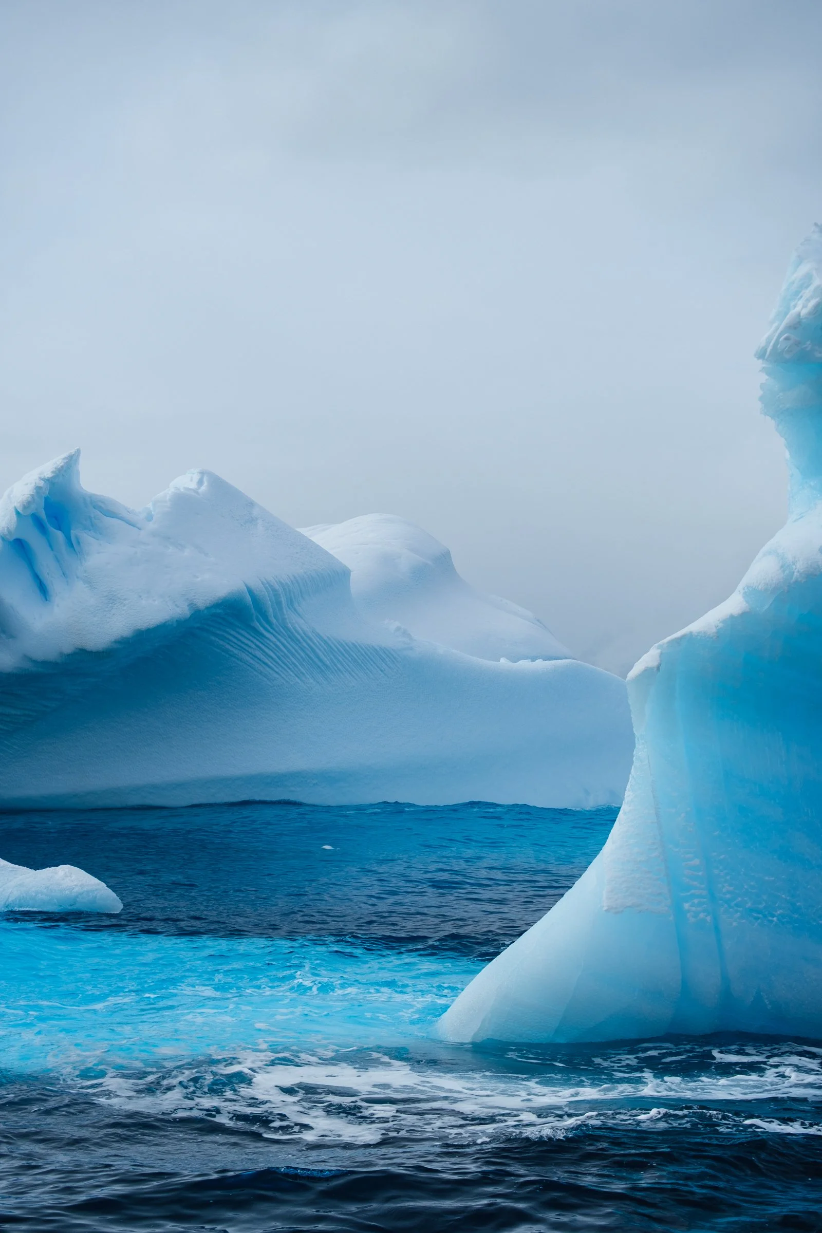 Icebergs floating in the ocean with a cloudy sky above.