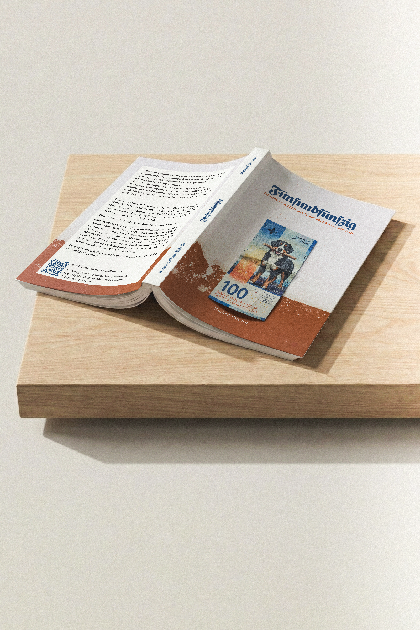 Open magazine placed on a wooden platform, showing a Swiss 100 franc banknote on the right page.