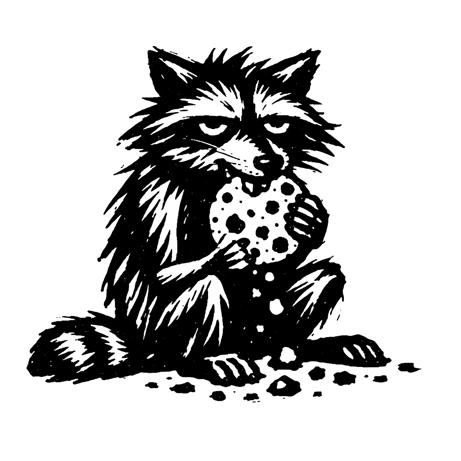 Outline illustration of a fox holding a large spotted mushroom, sitting on the ground with some rocks.