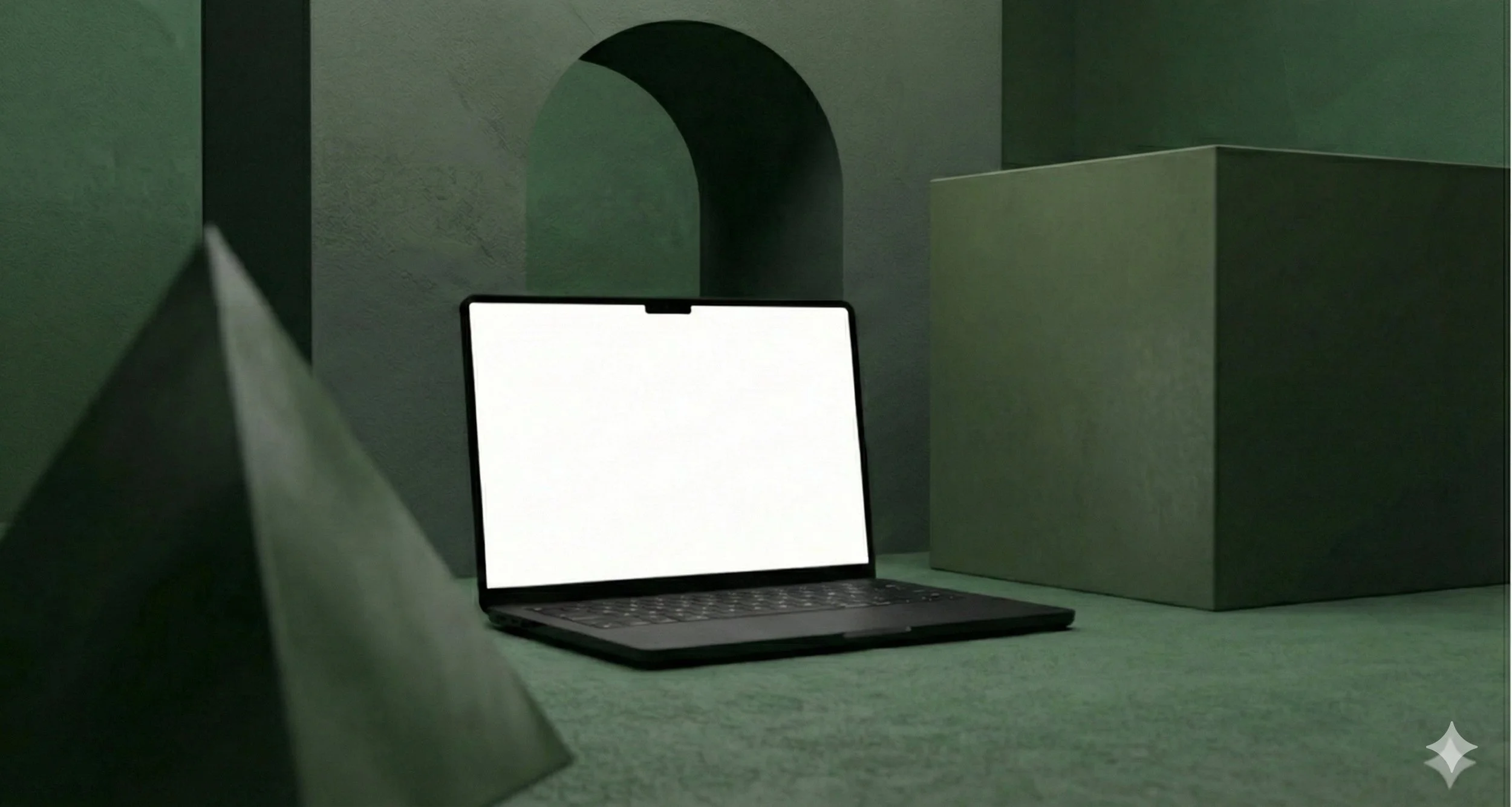 A black laptop with a blank white screen placed on a green textured surface surrounded by green geometric shapes including a pyramid, cube, and arch in a stylized, surreal setting.