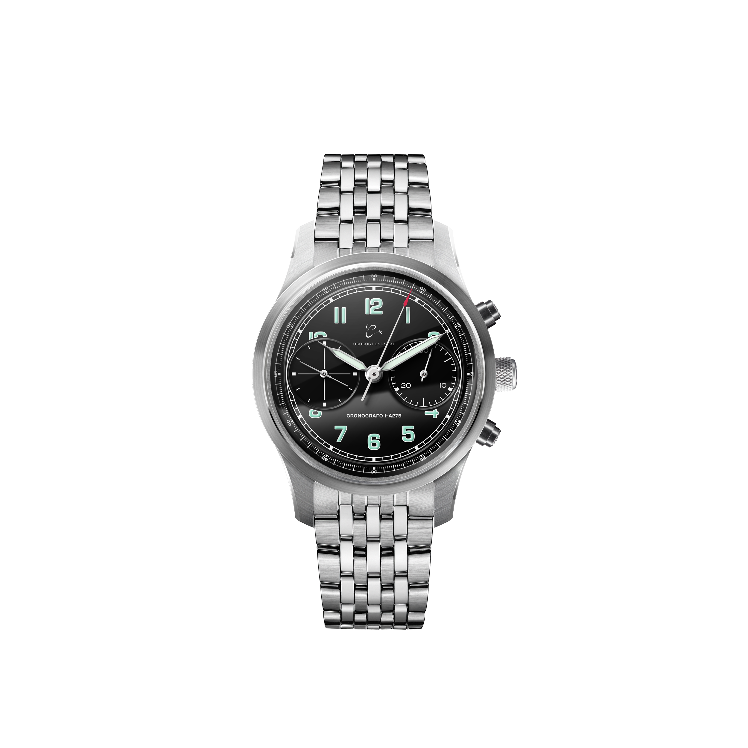 Orologi Calamai chronograph I-A725. A stainles steel wristwatch with a black dial, sub-dials, and luminous hands, with a 5 link metal bracelet..
