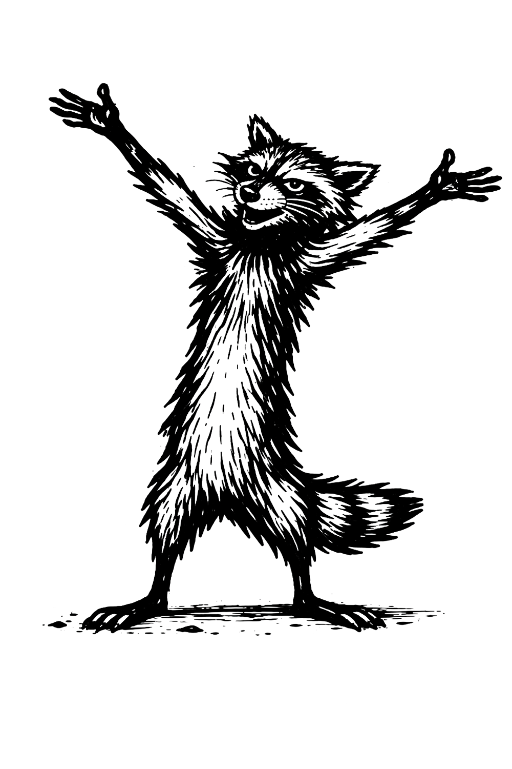 Line art illustration of a wolf standing on its hind legs with arms raised in celebration or greeting, and a joyful expression on its face, set against a black background.