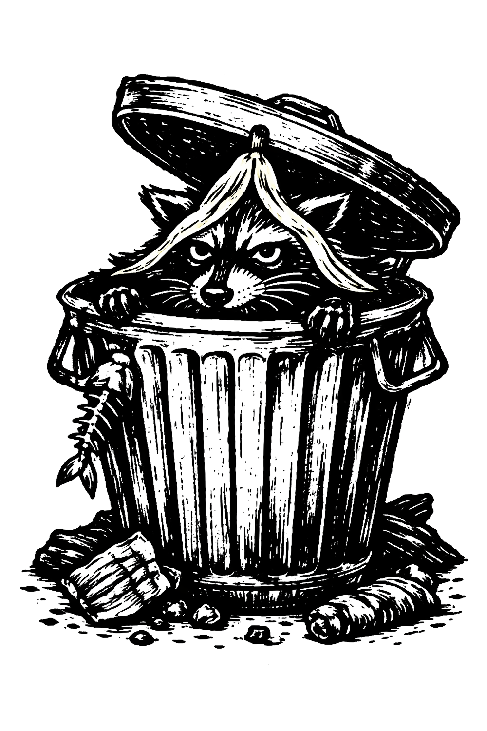 A line drawing of a cat inside a trash can with the lid tilted open on top, surrounded by trash items and leaves.