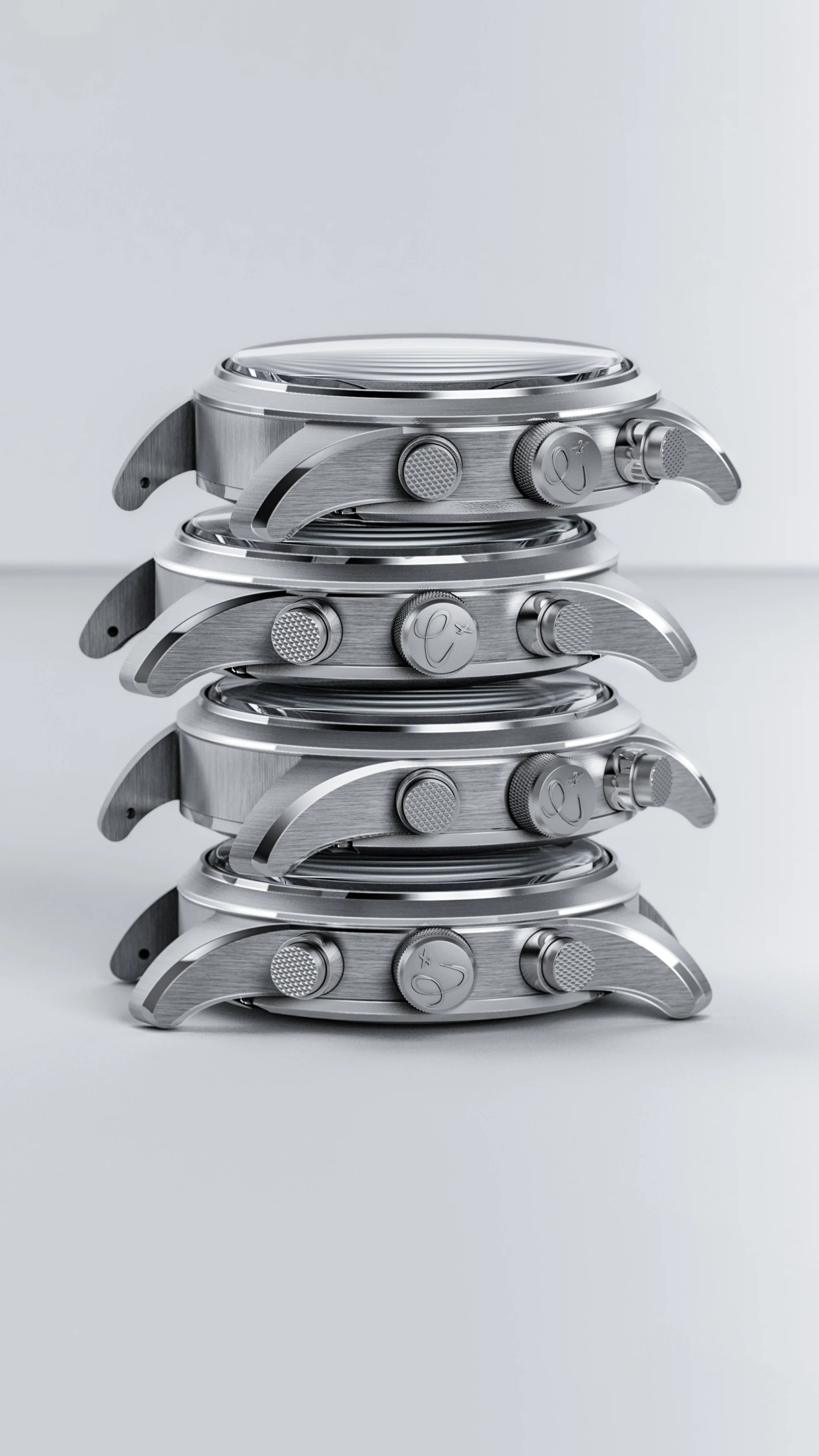 Stacked Orologi Calamai I-A725 chronograph cases on a light grey background.
