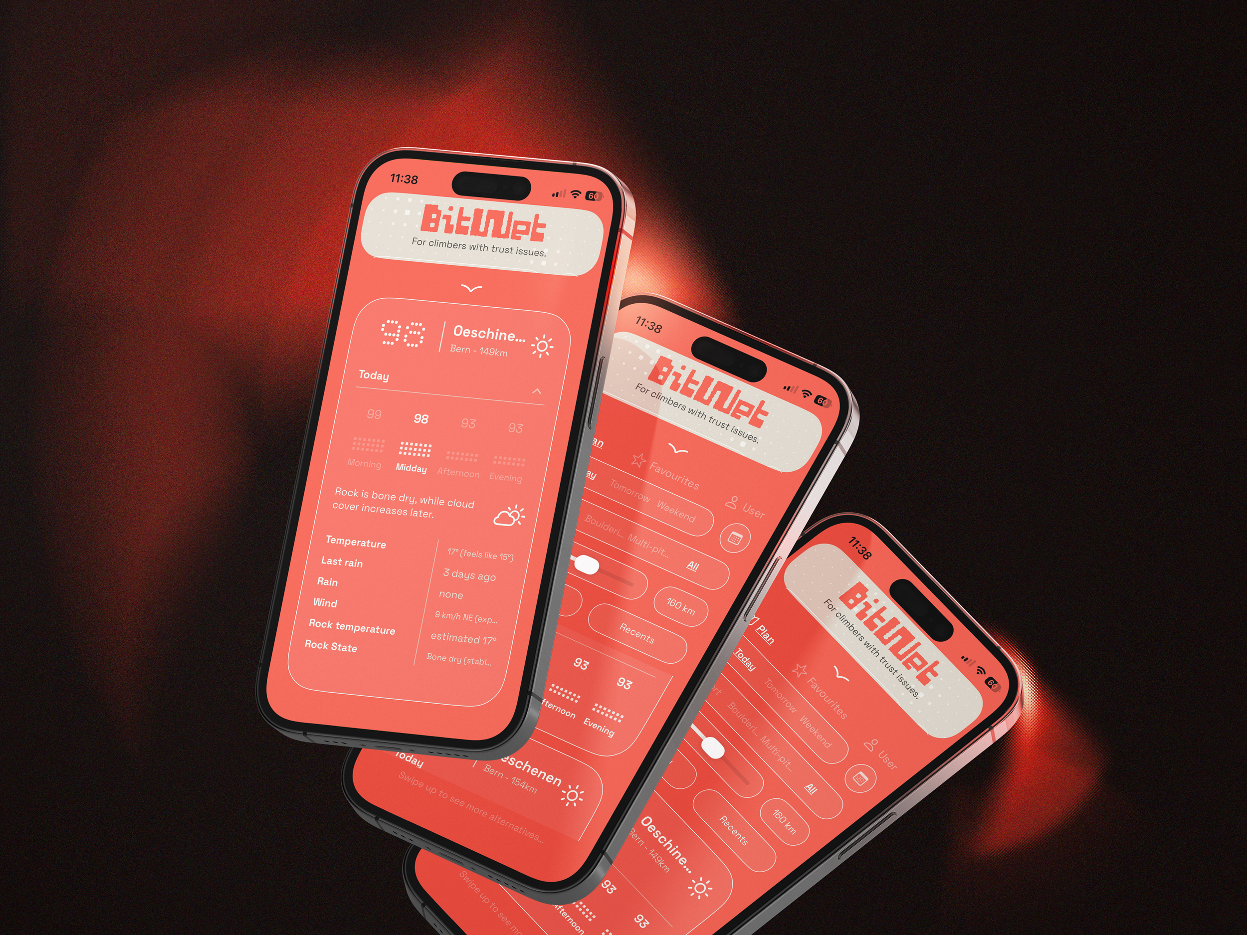 BitWet iPhone interface showing Swiss climbing condition scores and forecasts.