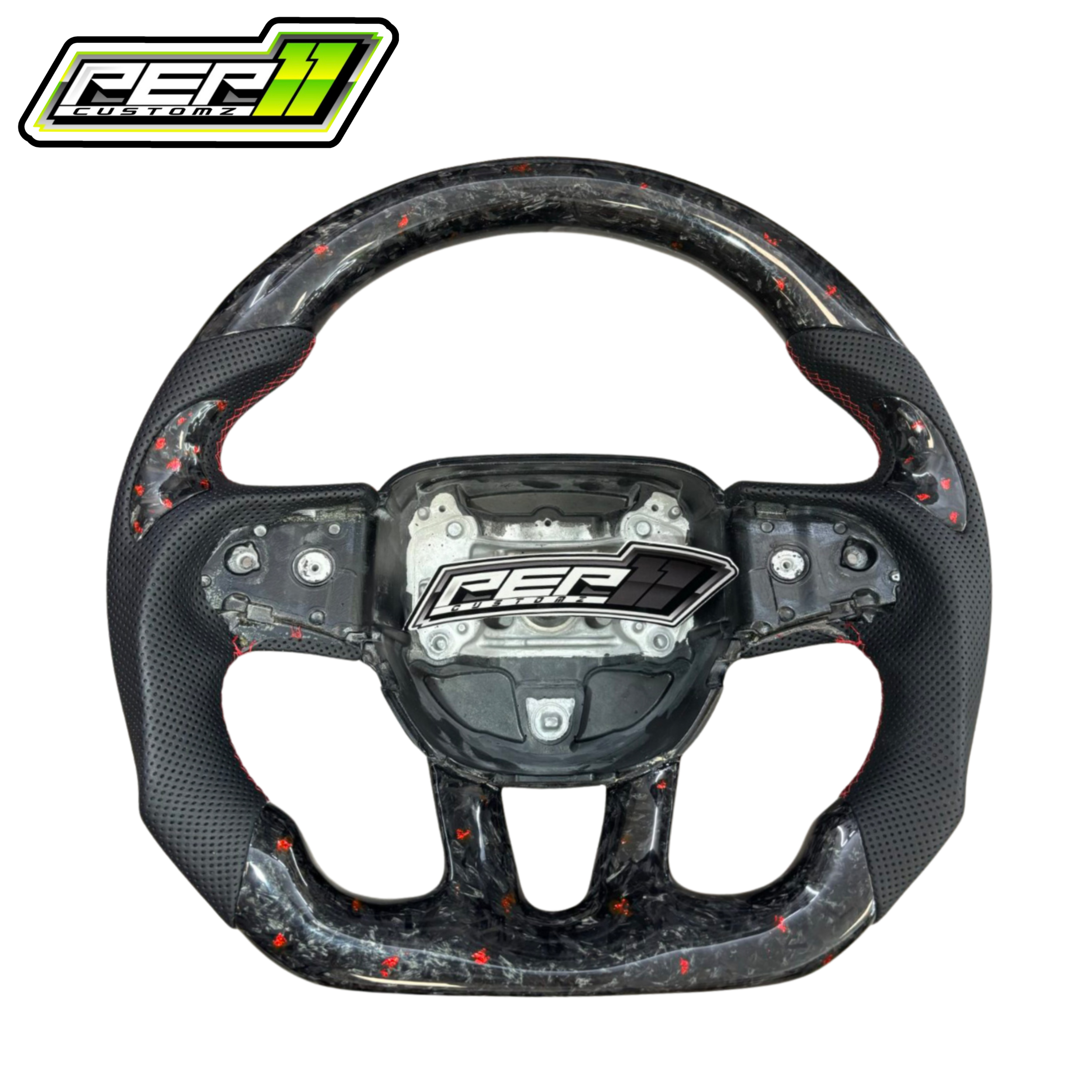 Dodge 2015+ NO LED Forged Carbon Fiber with Red Flakes, Black Leather Steering Wheel
