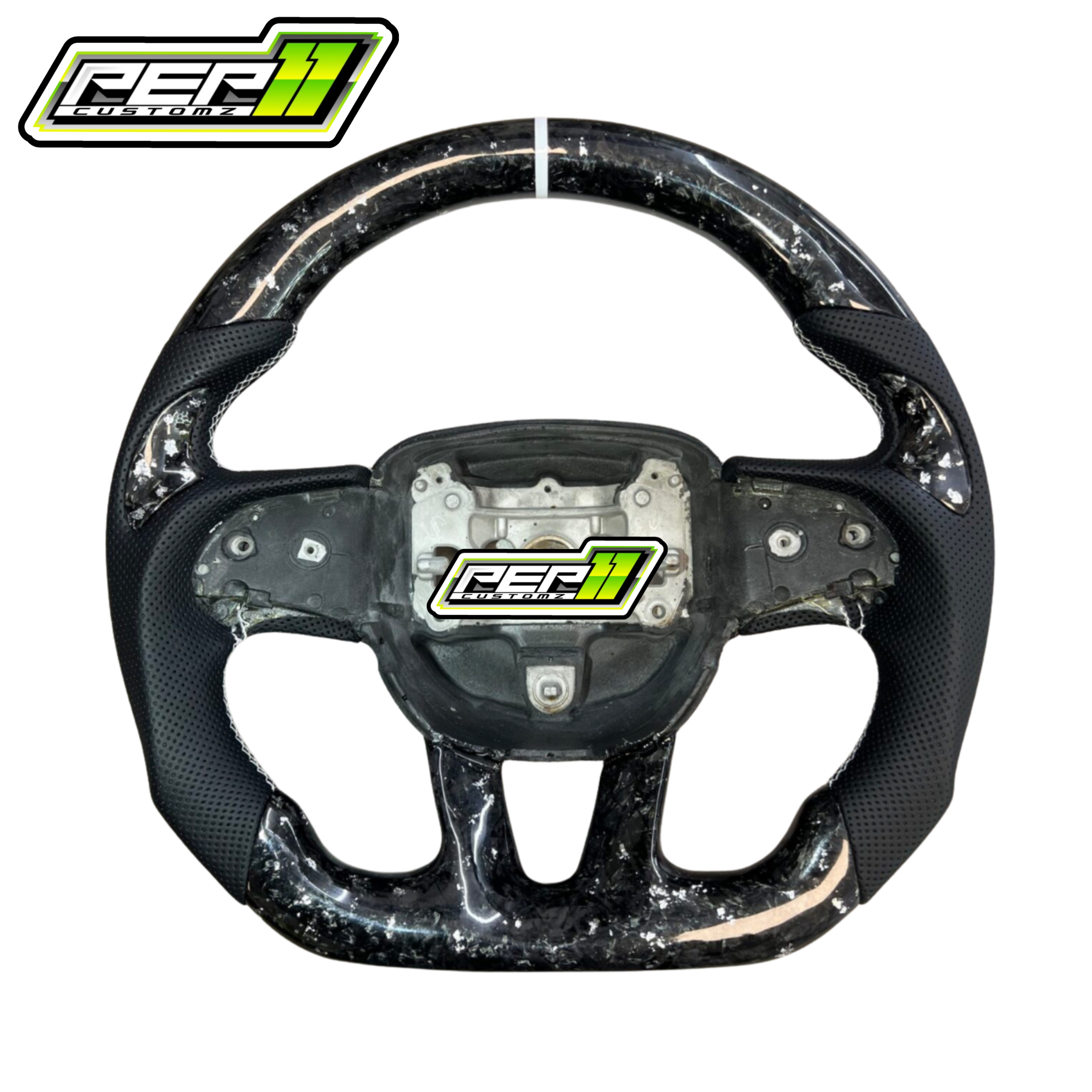 Dodge 2015+ NO LED Forged Carbon Fiber with White Flakes and Stripe, Black Leather Steering Wheel