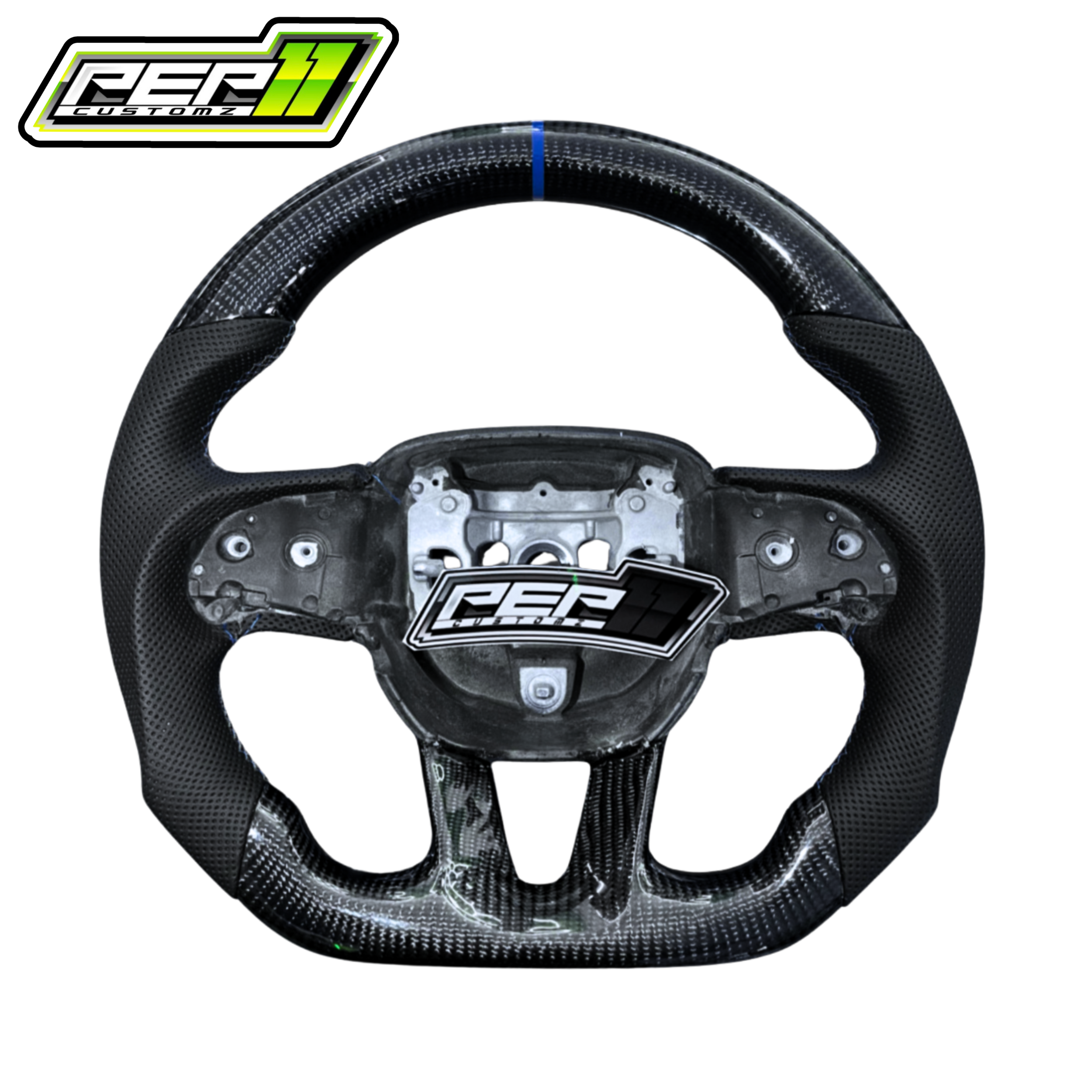 Dodge 2015+ NO LED Carbon Fiber Blue Stripe Steering Wheel