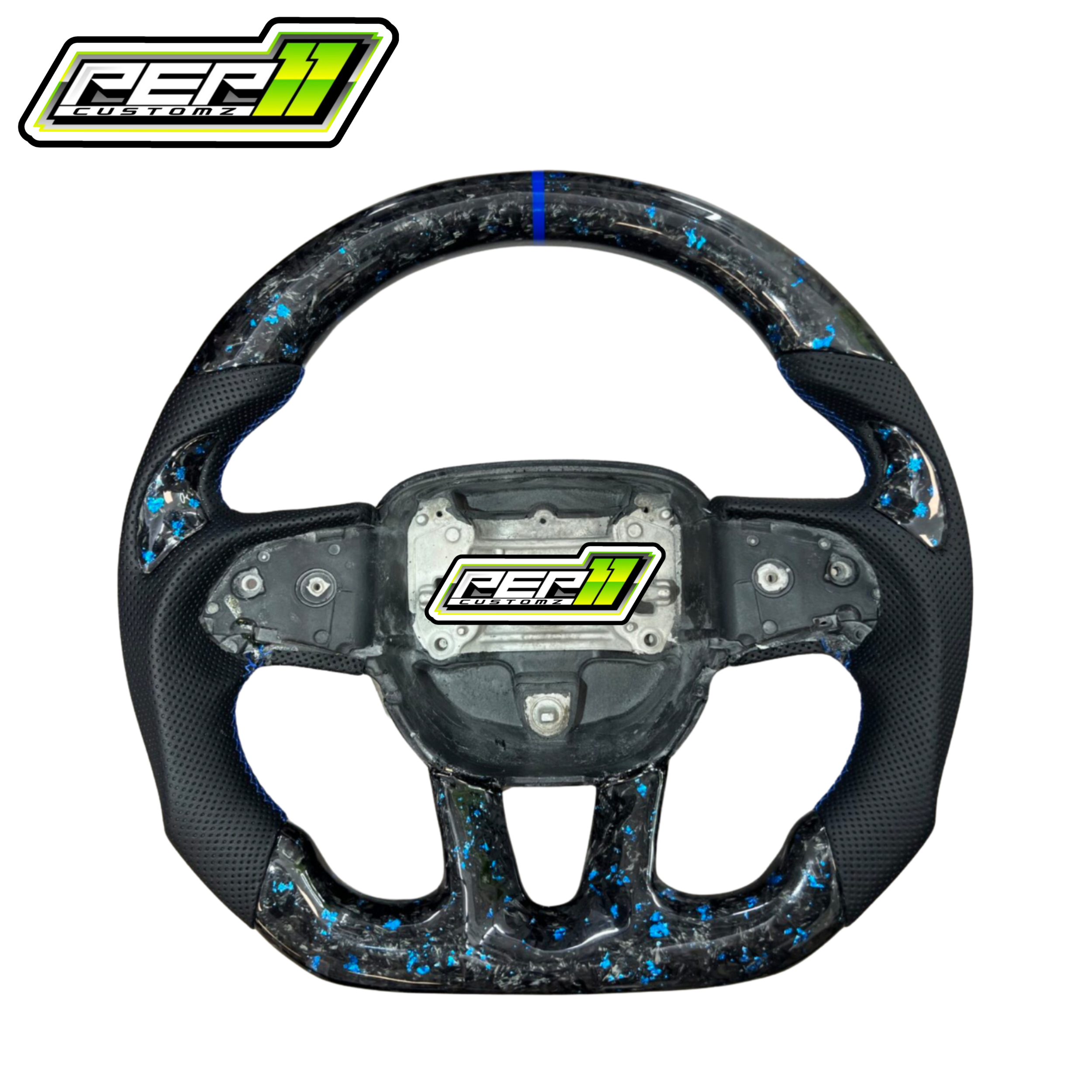 Dodge 2015+ NO LED Forged Carbon Fiber with Blue Flakes and Stripe, Black Leather Steering Wheel