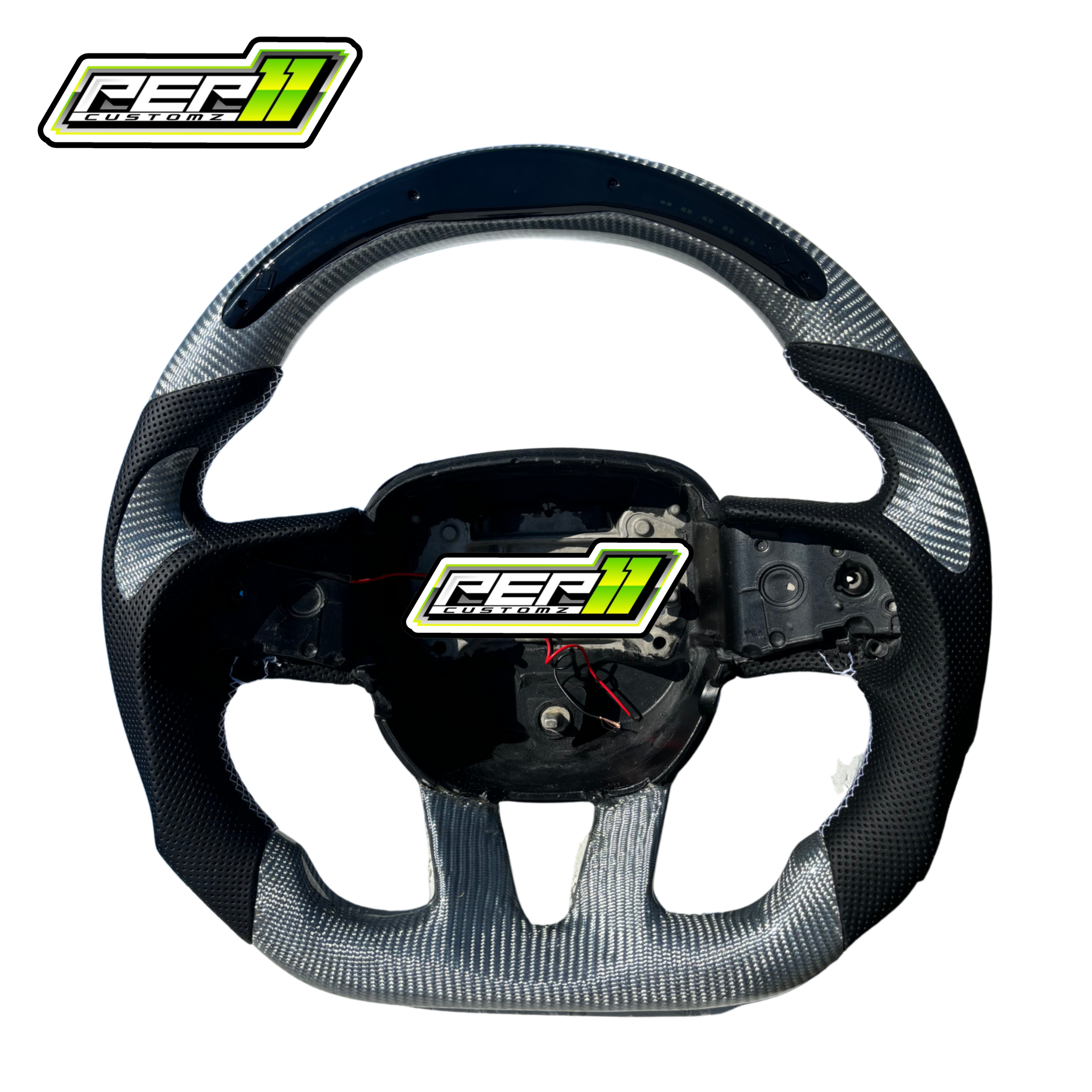 Dodge 2015+ LED White / Gray Carbon Fiber with Black Leather Steering Wheel