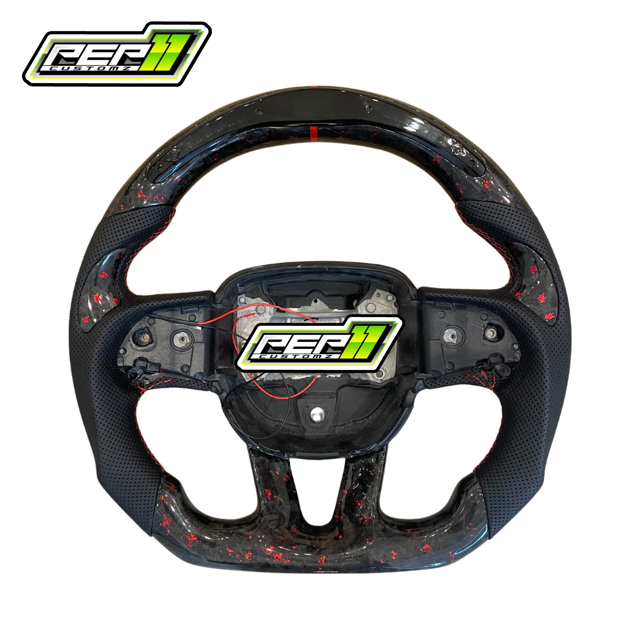 Dodge 2015+ LED Forged Carbon Fiber Red Flakes and Stitch with Stripe and Black Leather Steering Wheel