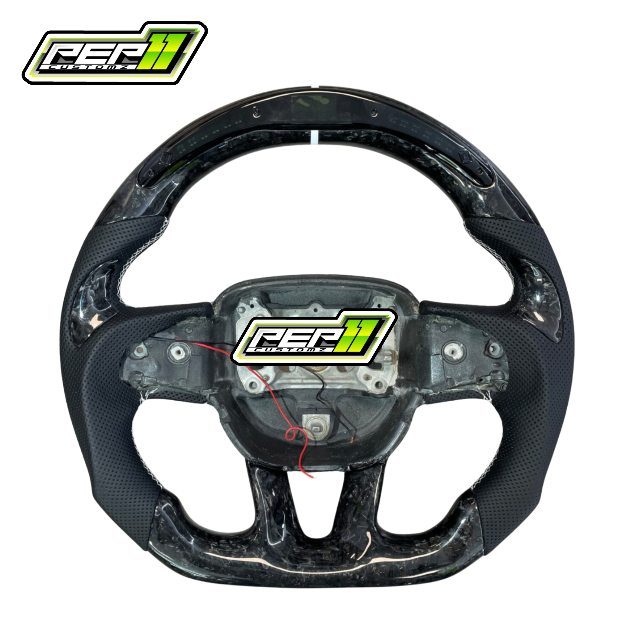 Dodge 2015+ LED Forged Carbon Fiber with White Stripe and Stitch Black Leather Steering Wheel (Copy)