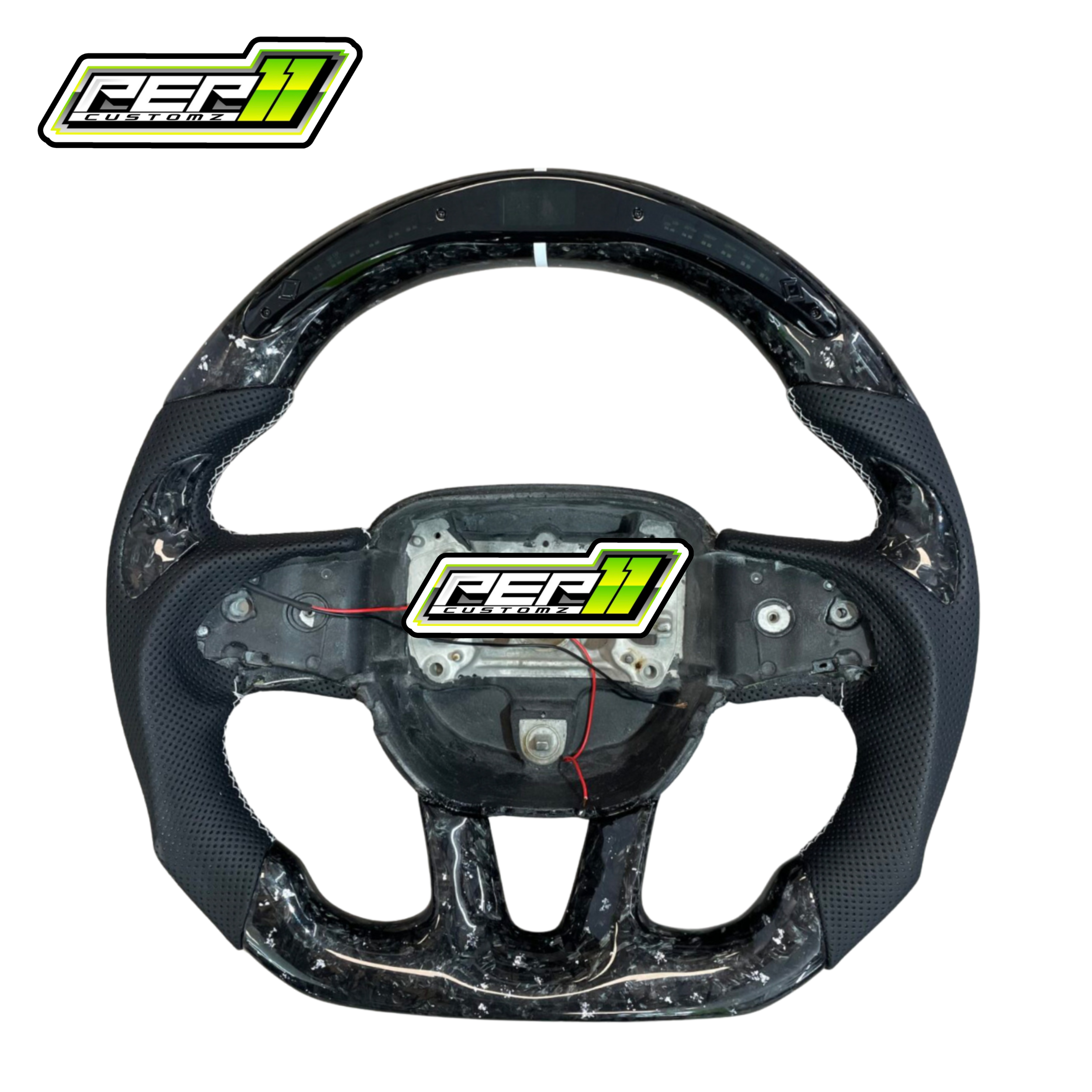 Dodge 2015+ LED Forged Carbon Fiber with White Flakes and Stripe Black Leather Steering Wheel