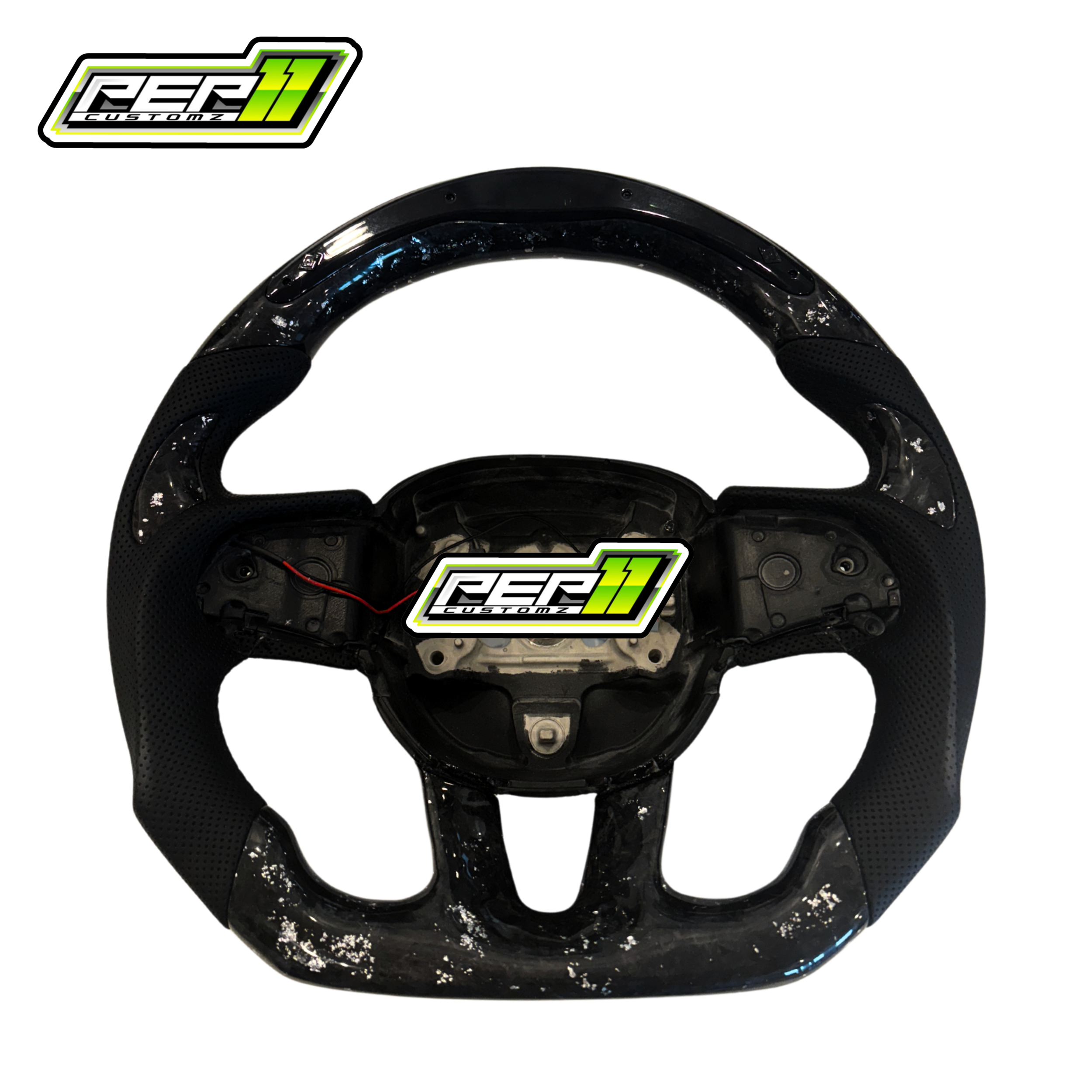 Dodge 2015+ LED Forged Carbon Fiber Black Leather with White Flakes Steering Wheel