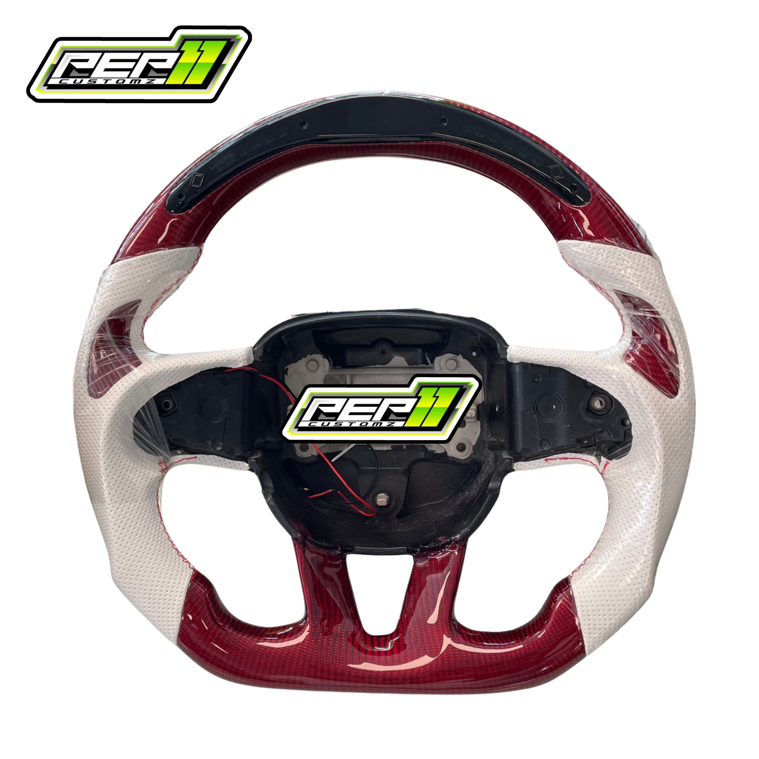 Dodge 2015+ LED Red Carbon Fiber with White Leather Steering Wheel