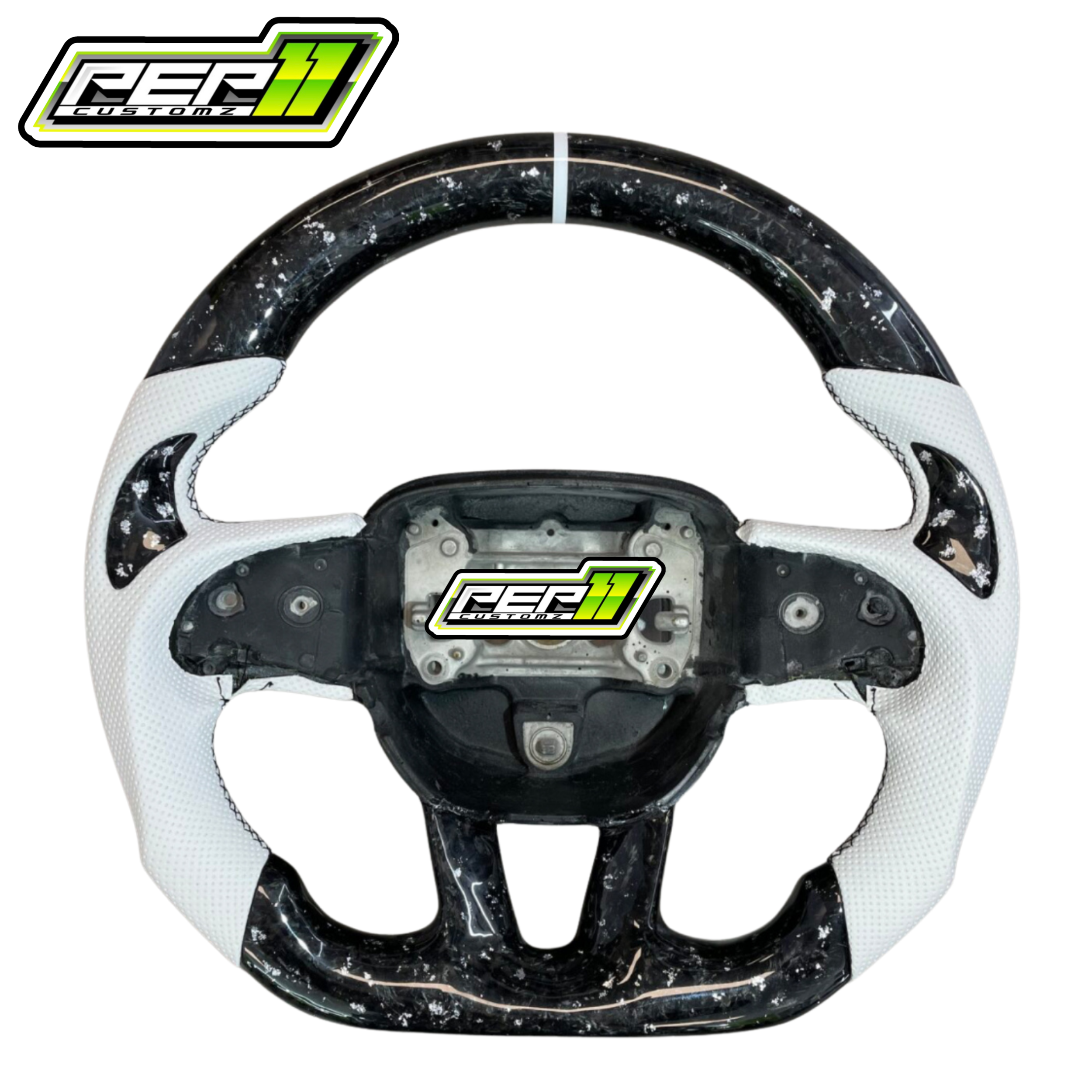 Dodge 2015+ NO LED Forged Carbon Fiber with White Flakes and Stripe, White Leather Steering Wheel