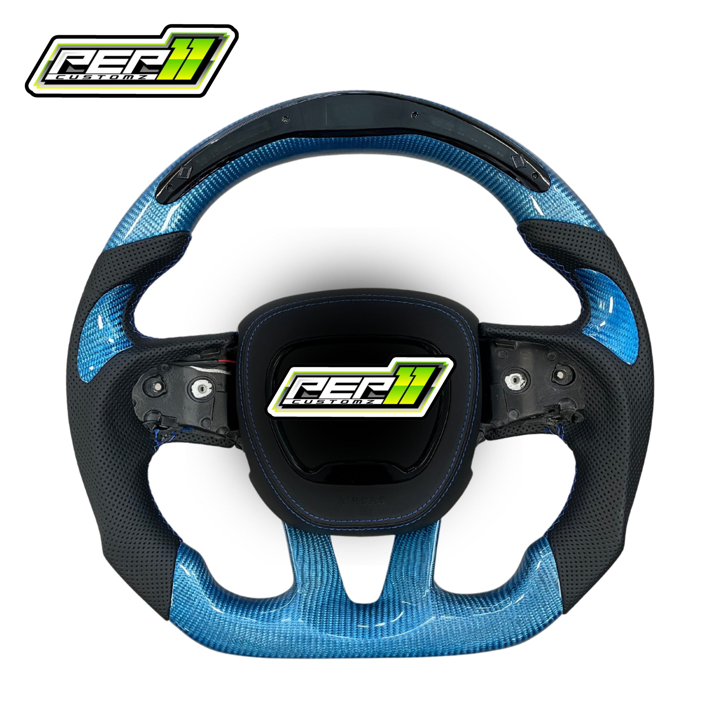 Dodge 2015+ LED Light Blue Carbon Fiber with Black Leather Steering Wheel