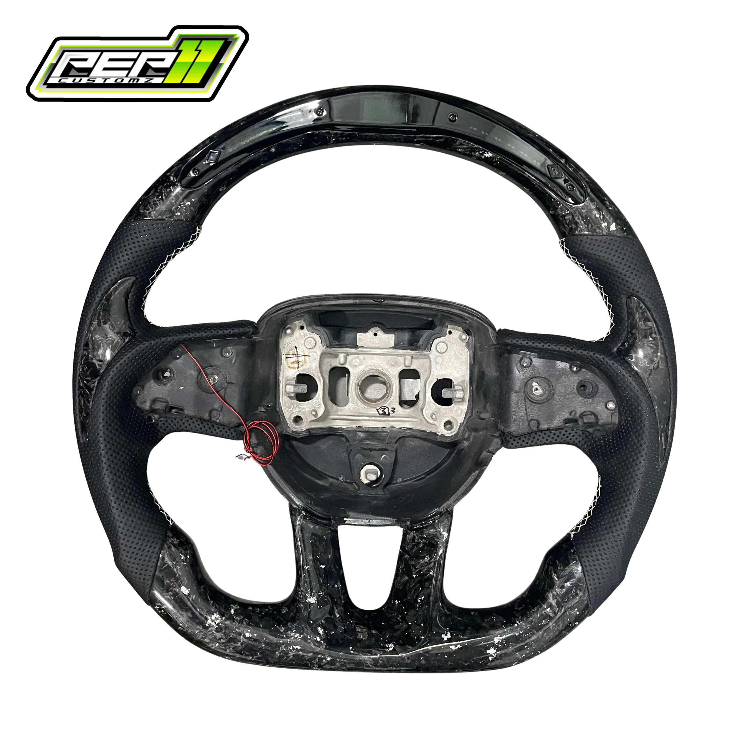 Dodge 2015+ LED Forged Carbon Fiber Black Leather with White Flakes Steering Wheel