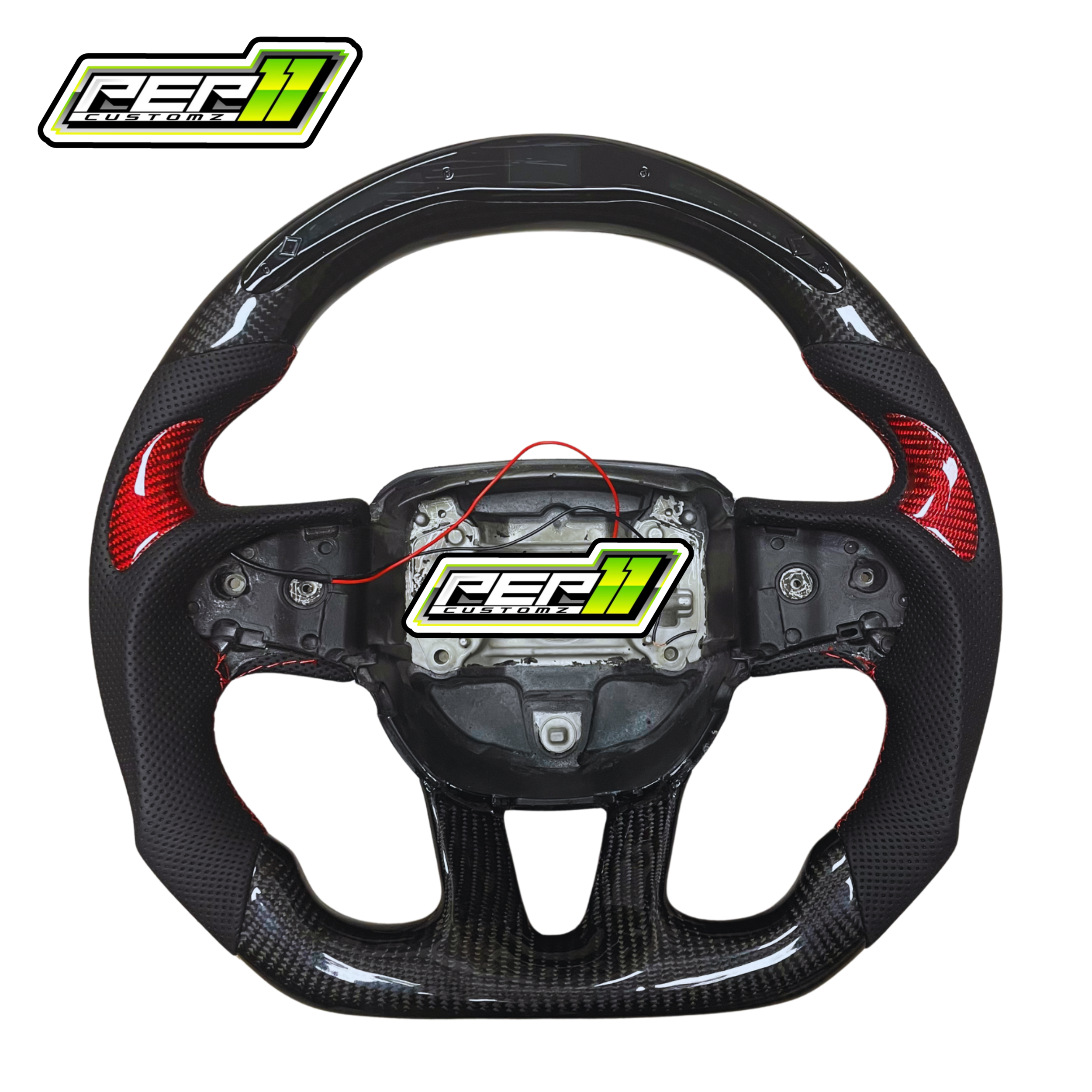 Dodge 2015+ LED Carbon Fiber with Black Leather and Red In Lays Steering Wheel