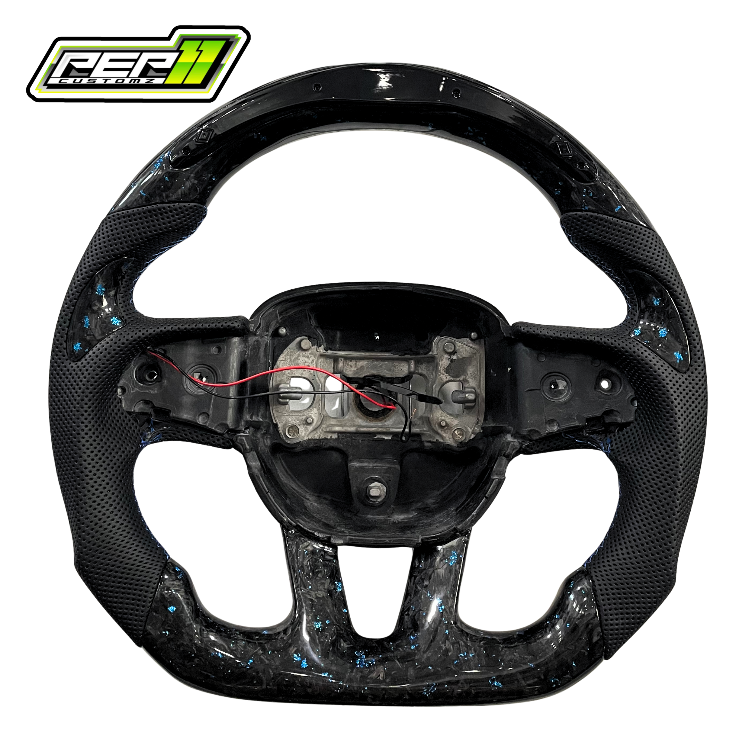 Dodge 2015+ LED Forged Carbon Fiber Blue Flakes with Black Leather Steering Wheel