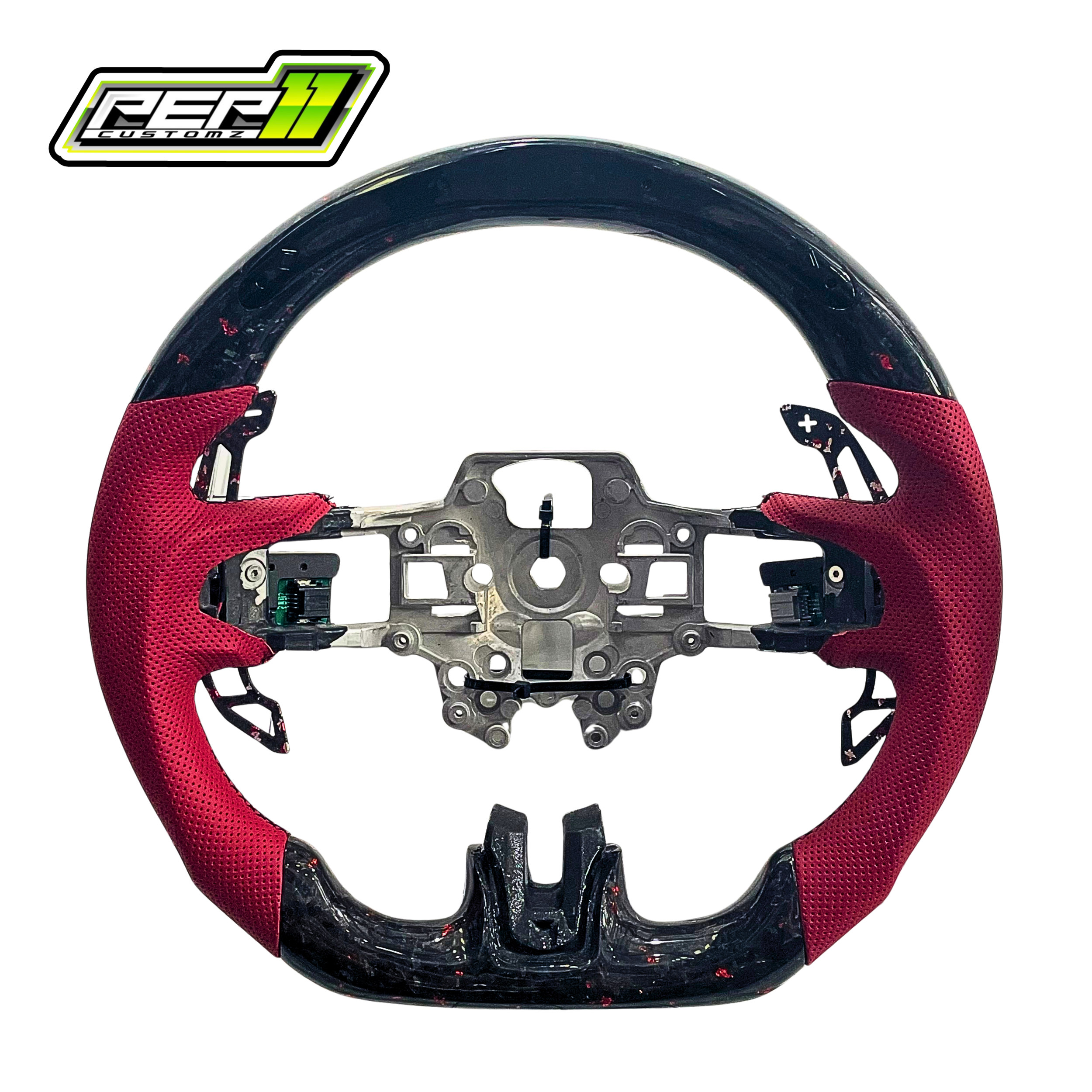 Mustang 2018-23 LED Forged Carbon Fiber Steering Wheel with Red Flakes Red Leather Grip