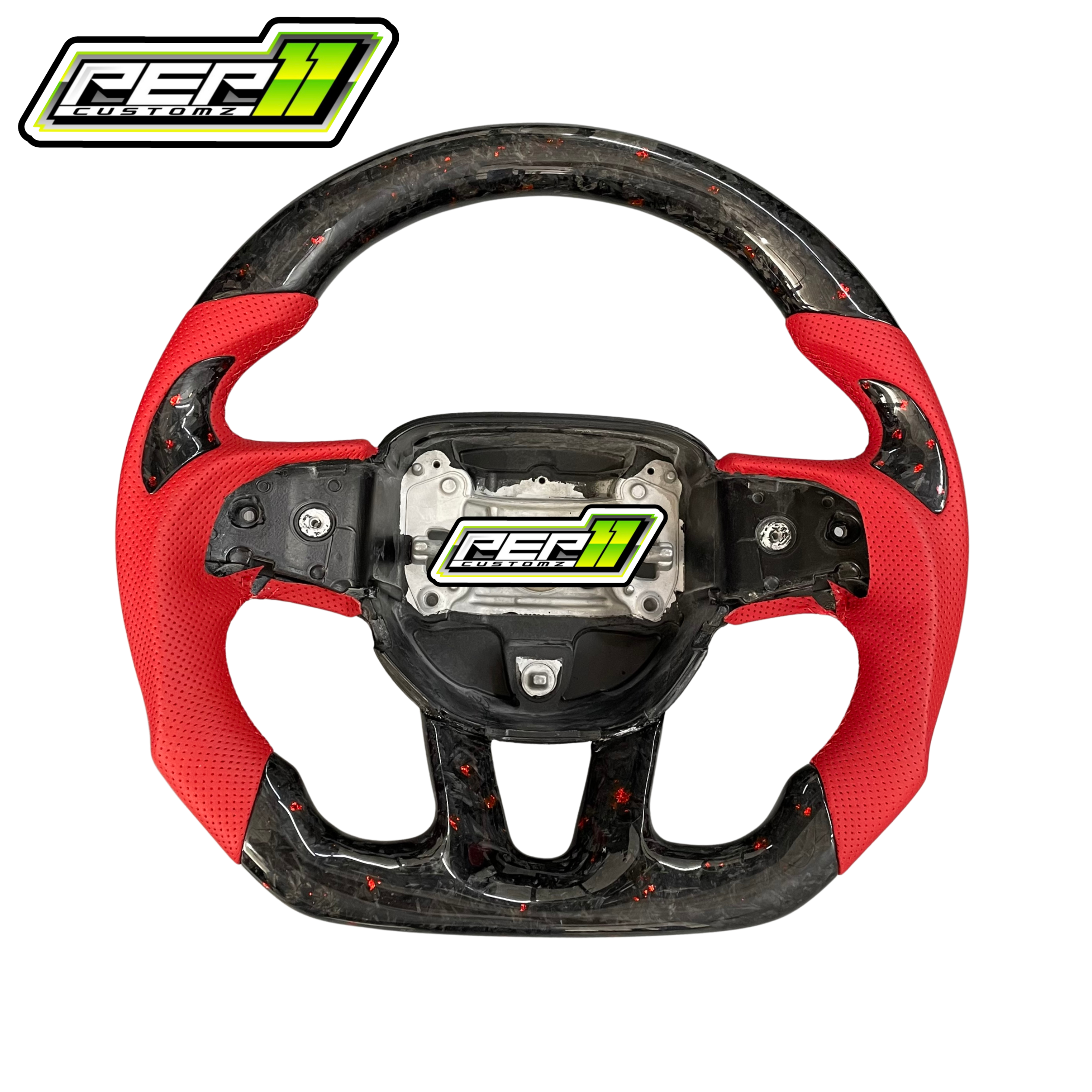 Dodge 2015+ NO LED Forged Carbon Fiber with Red Flakes, Red Leather Steering Wheel